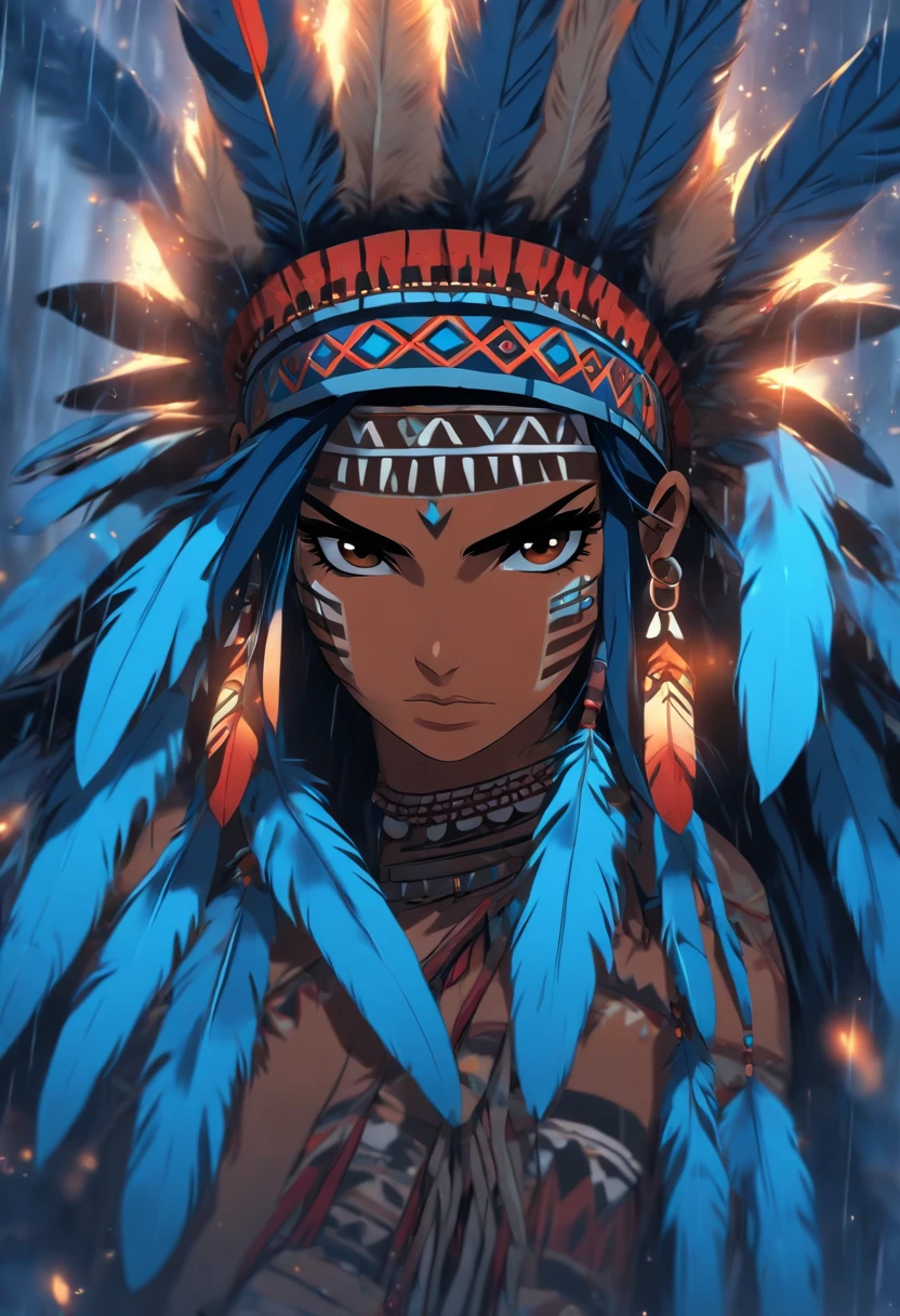 (((indigenous woman with blue feathers))) best quality, very high resolution, detailed CG in 4K, masterpiece, woman, rain, blue feathers, amazon brazil, indigenous people, indigenous tribes, indigenous city, forest, aesthetics, beautiful image , centered on screen, full body