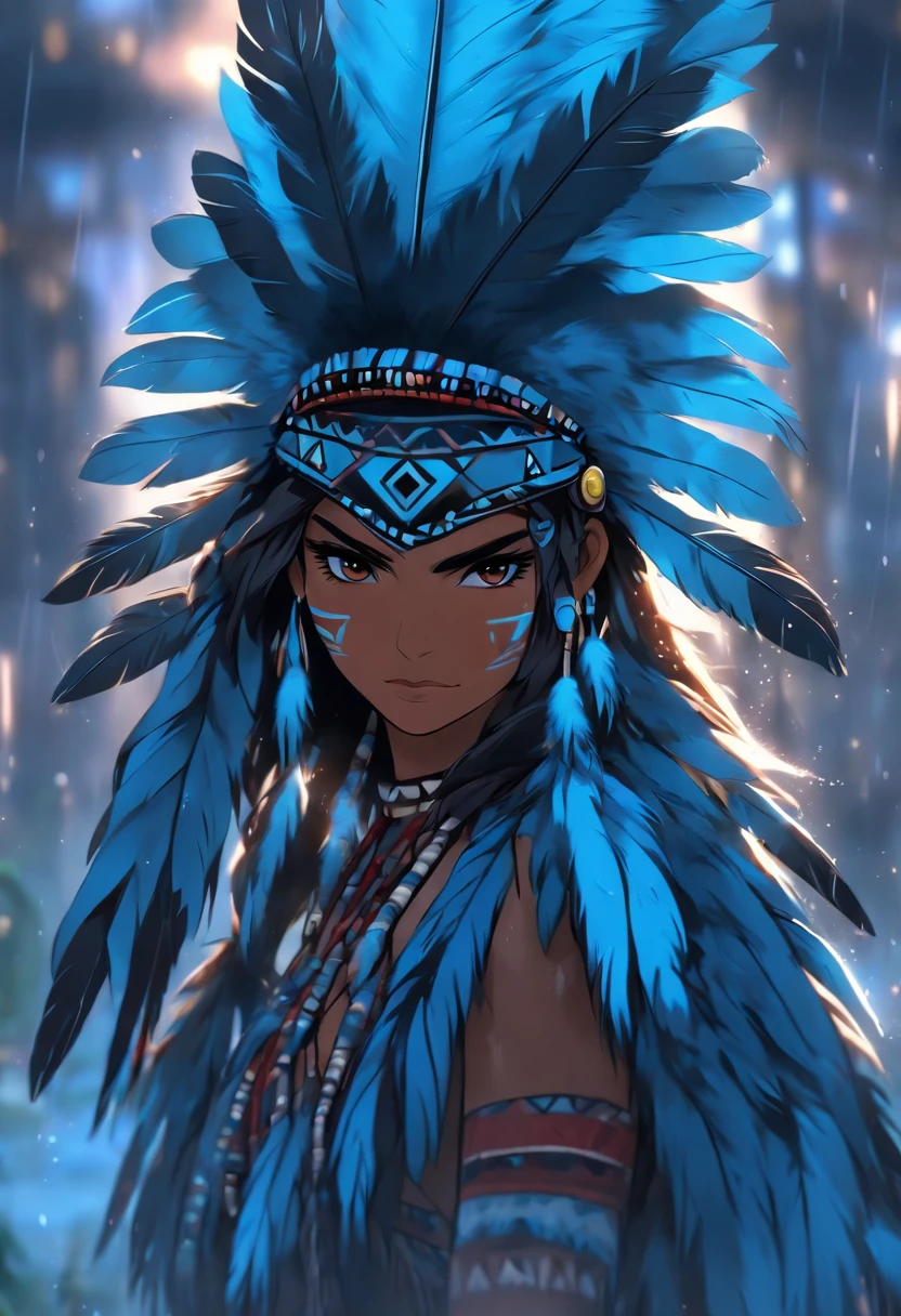 (((indigenous woman with blue feathers))) best quality, very high resolution, detailed CG in 4K, masterpiece, woman, rain, blue feathers, amazon brazil, indigenous people, indigenous tribes, indigenous city, forest, aesthetics, beautiful image , centered on screen, full body