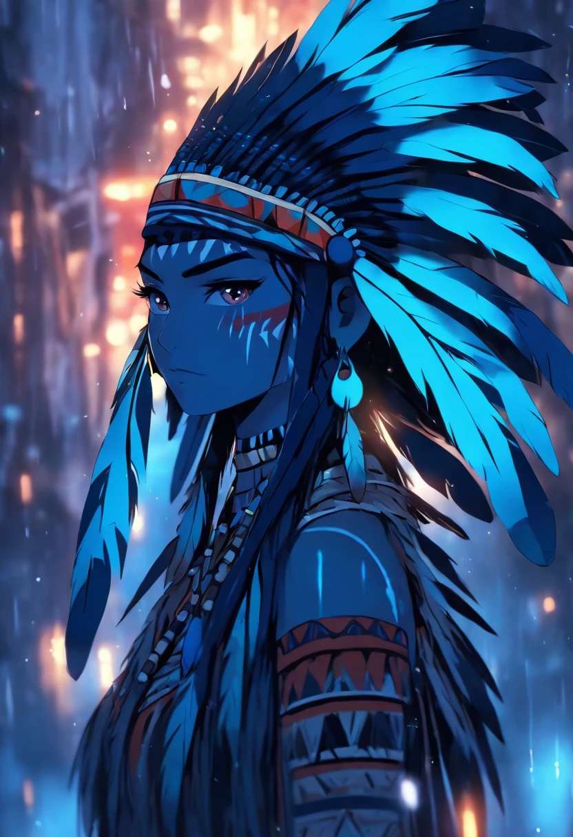 (((indigenous woman with blue feathers))) best quality, very high resolution, detailed CG in 4K, masterpiece, woman, rain, blue feathers, amazon brazil, indigenous people, indigenous tribes, indigenous city, forest, aesthetics, beautiful image , centered on screen, full body