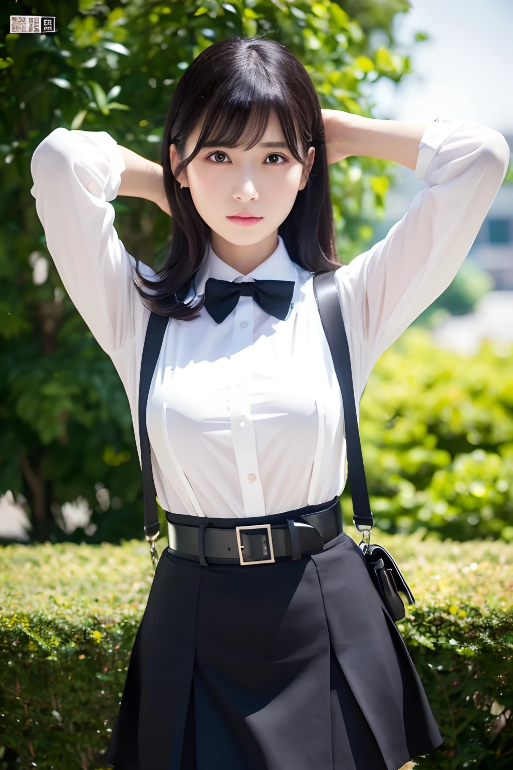 (masutepiece:1.2),High quality,vivd colour,flat-colors,Deep Depth Of Field,Lens Flare,1 girl,Black hair,eyecontact,Suit,Collared shirt,Belt bag,suspenders,Professional,Office Lady,Mature Women,Black mini skirt　garterbelts　knee high　Stockings　Black Niso　Colorcon armpit sweat　perspiring　Side of both hands,Black jacket,Gaze,ample bosom,Armpit sweat,Exposing the armpits"Pichi Pichi clothes