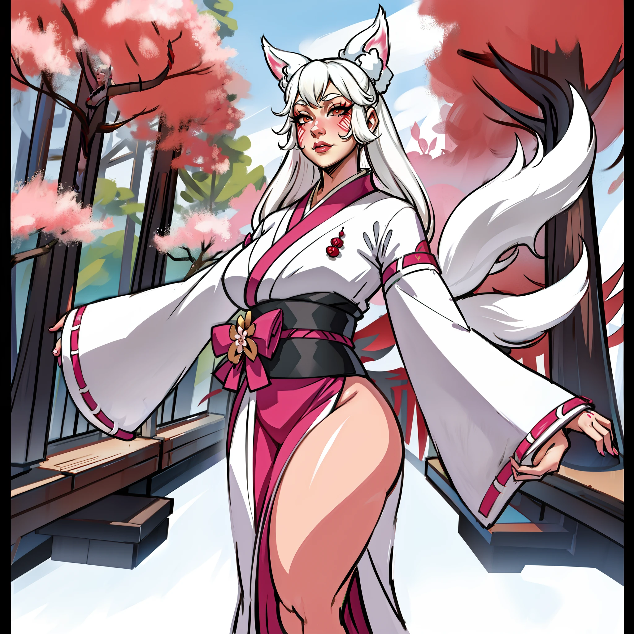 Curvy white haired 9 tailed kitsune wearing fur lined robe and cherry blossom kimono, wearing thigh high fishnets (ALONE)(SOLO), alone, solo