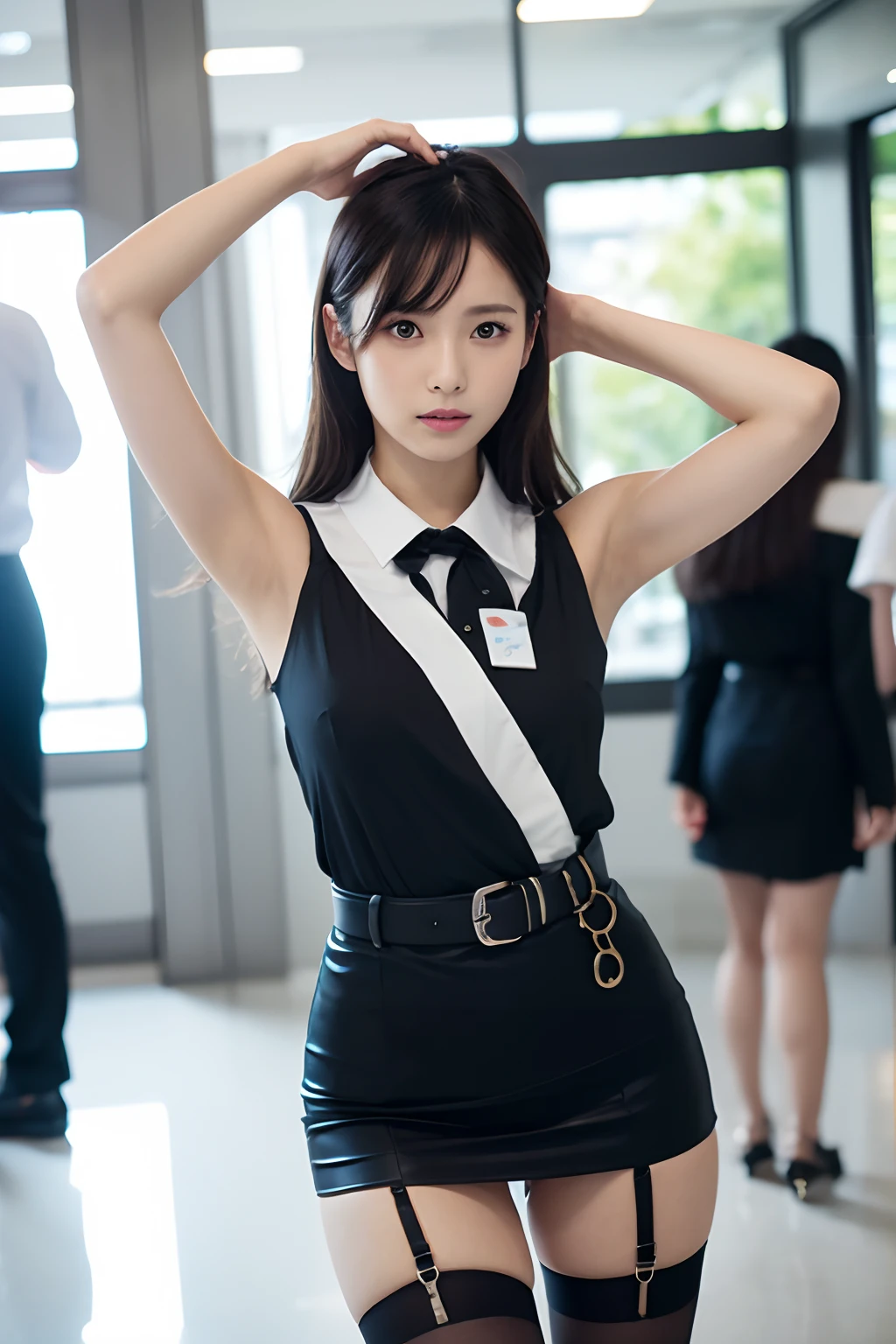 (masutepiece:1.2),High quality,vivd colour,flat-colors,Deep Depth Of Field,Lens Flare,1 girl,Black hair,eyecontact,Suit,Collared shirt,Belt bag,suspenders,Professional,Office Lady,Mature Women,Black mini skirt　garterbelts　knee high　Stockings　Black Niso　Colorcon armpit sweat　perspiring　Side of both hands,Black jacket,Gaze,ample bosom,Armpit sweat,Exposing the armpits"Pichi Pichi clothes