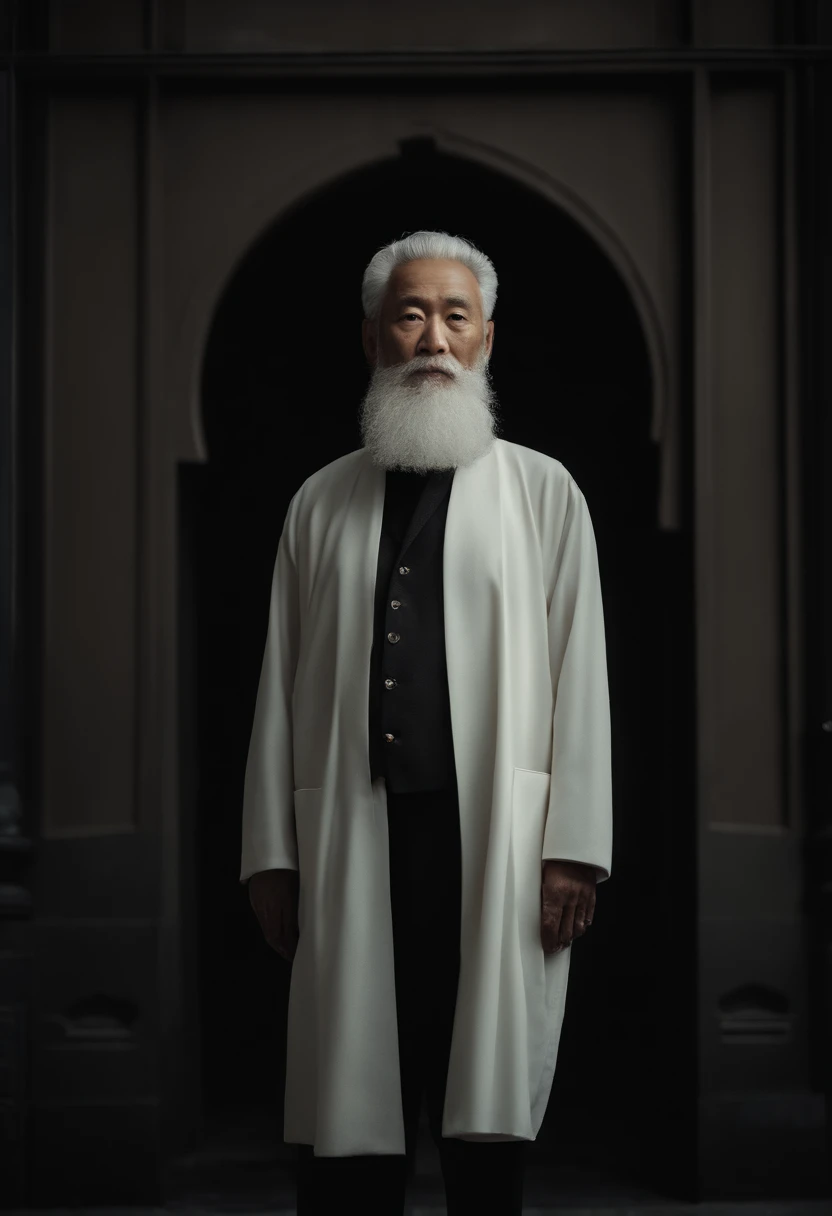 Cinematic portrait , Portrait of a father,Look at the viewer,An elderly Asian man,old man,Single single image,Thin and thin, (80 years:1.1), (shaved pubic hair:1.2), (very short white hair,A little curly:1.5),(Long beard:1.6).Dark coat,Minimalist background, Own composition, detalhe poderoso, Bright light,the soft light。