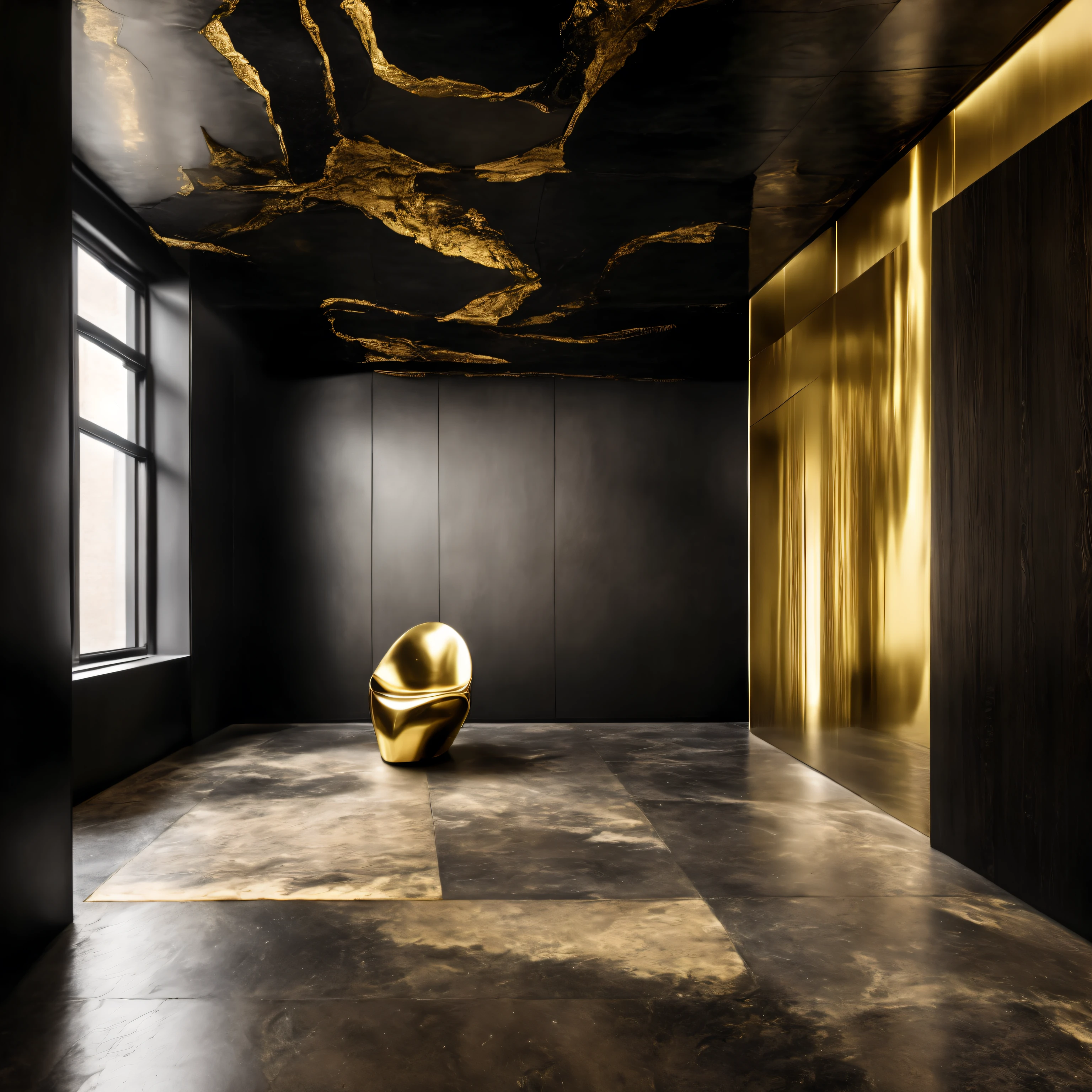 empty room, brushed brass finish on the floor, walls, and ceiling, no divisions, imperfect chair, wabi sabi, irregular shape, chrome details, charred black shou sugi ban wood, wall washers on the side, white monochrome, bright lighting, no windows, no diagonals,