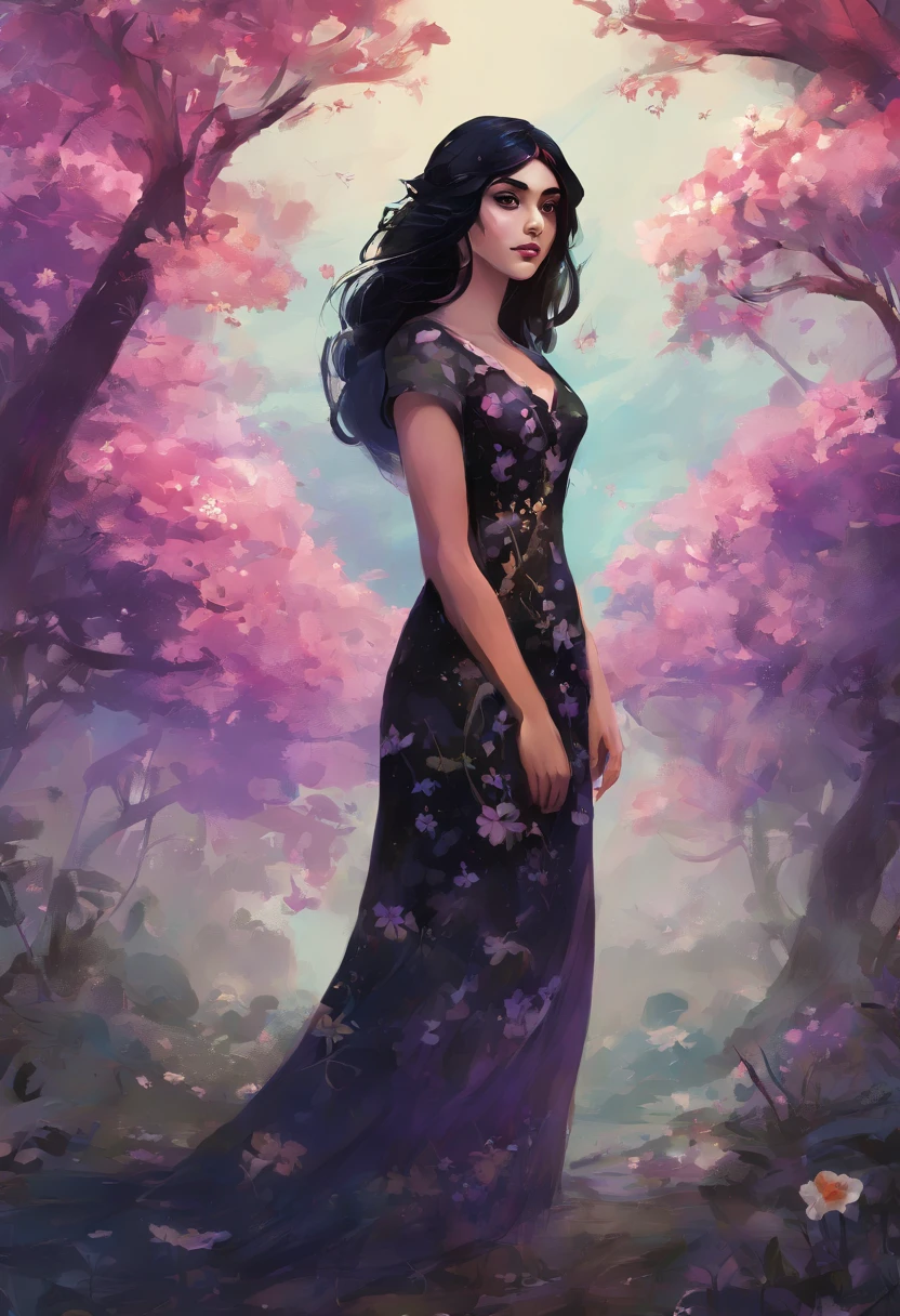 a 22-year-old Turkish Qashqai girl with big black eyes and long black hair, a small black mole above her lip, a colorful Qashqai dress with a misty background and white jasmine flowers and purple trees