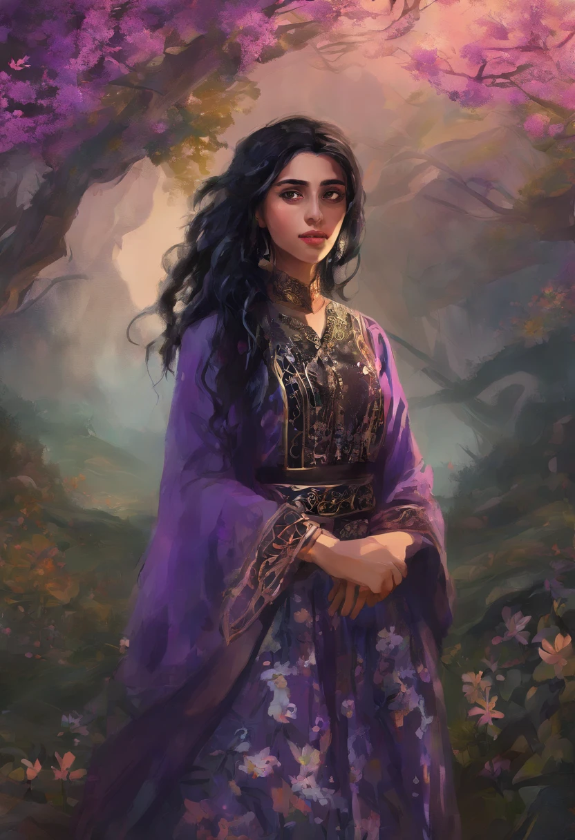 a 22-year-old Turkish Qashqai girl with big black eyes and long black hair, a small black mole above her lip, a colorful Qashqai dress with a misty background and white jasmine flowers and purple trees