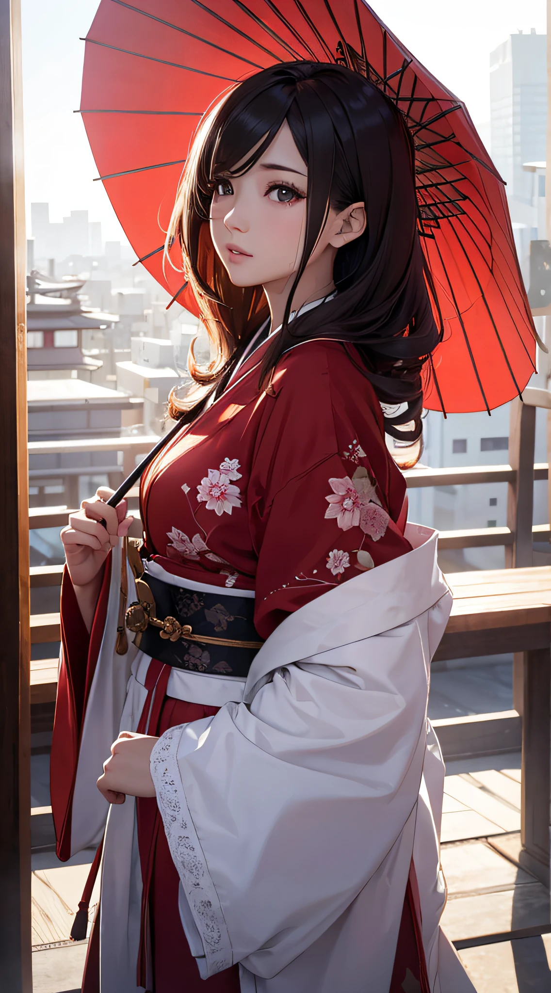 8K, masutepiece, Raw photo, Best Quality, Photorealsitic, extremely detailed CG Unity、8k wallpaper, depth of fields, Cinematic Light, Lens Flare, Ray tracing, (Extremely beautiful face, Beautiful lips, Beautiful eyes), intricate detail face, ((Ultra detailed skin)) 1girl in,Japanese umbrella、red japanese clothes、The Beauty Who Turned Around、Slender whole body、tall stature、Lumpy hair、Beautiful hair fastening、Sunny cityscape