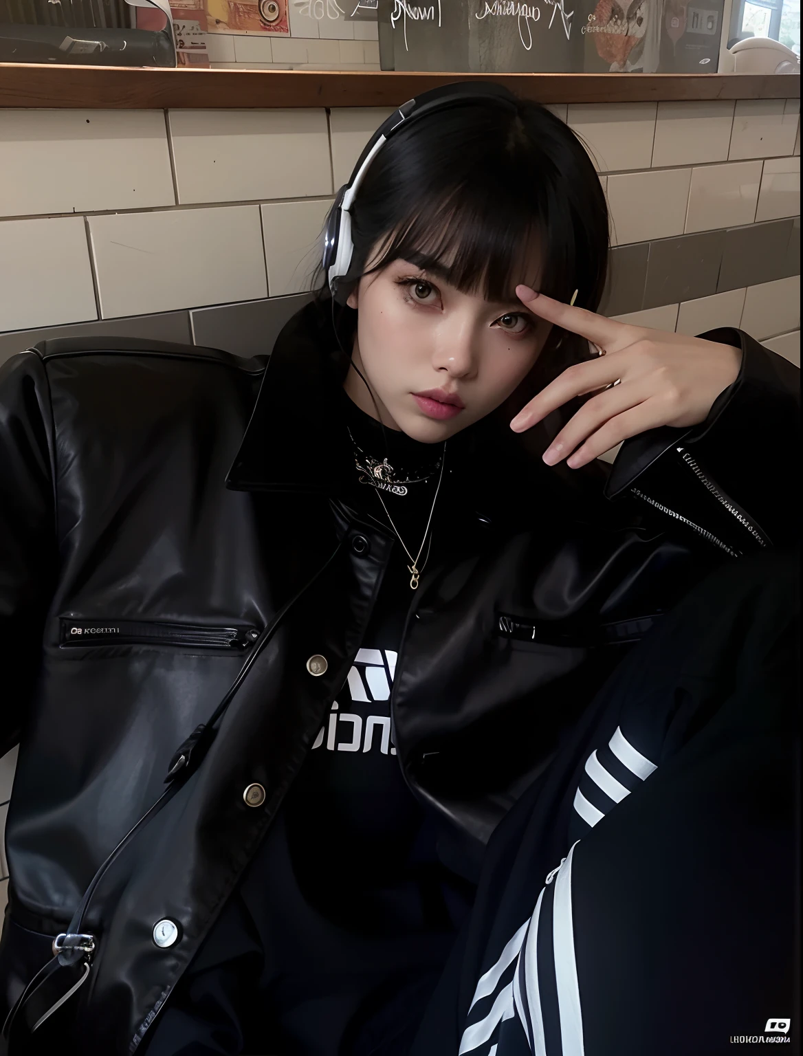 There's a woman sitting on a couch wearing headphones, very aesthetic leather jacket, usando jaqueta de couro cyberpunk, cruel korean goth girl, Ela tem cabelo preto com franja, E - Menina, e-menina, Ulzzang, com franja completa, she is wearing streetwear, Retrato de Jossi de Blackpink, roupas finas de couro preto, ela usa jaqueta de couro, usando streetwear cyberpunk
