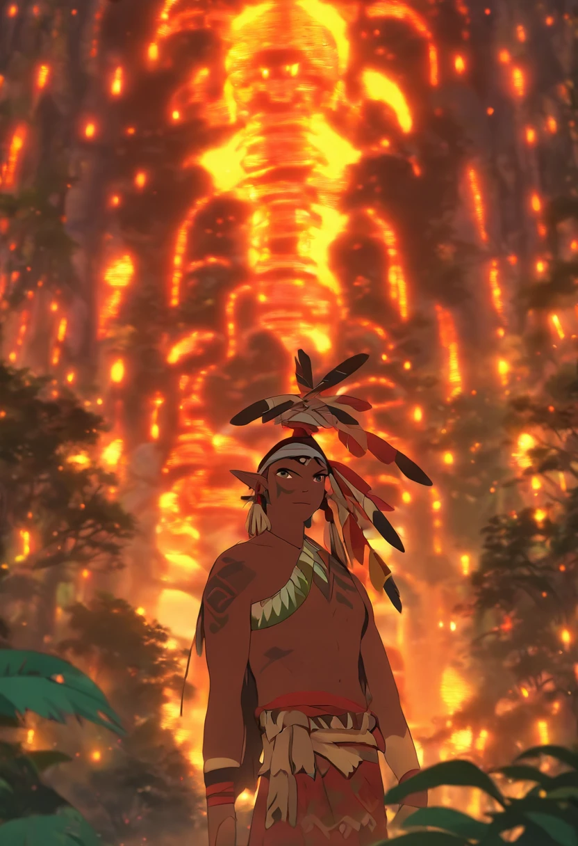 (((indigenous man scales))) best quality, very high resolution, detailed CG in 4K, masterpiece, woman, snake skin, amazon brazil, indigenous people, indigenous tribes, indigenous city, forest, aesthetics, beautiful image, centered on screen, full body
