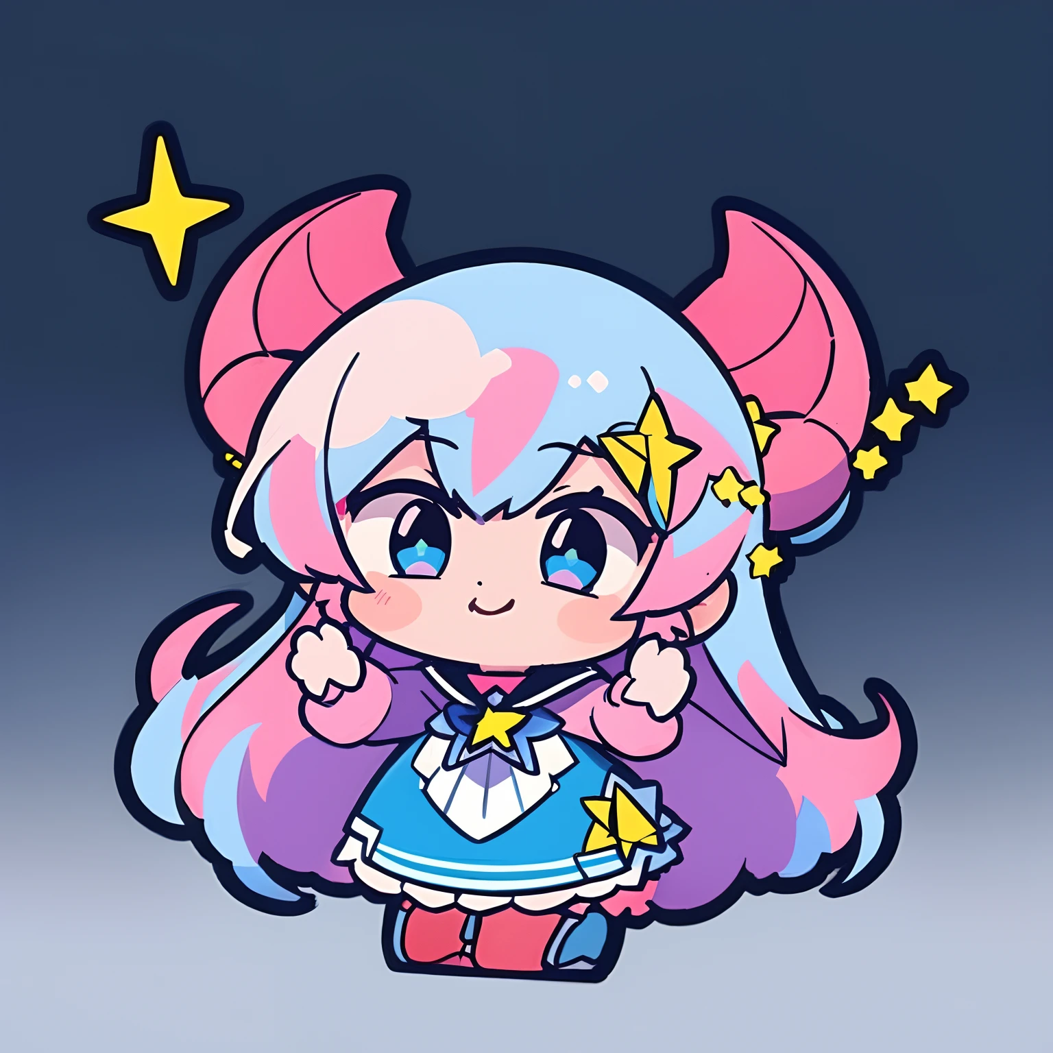 masterpiece, best quality, official art, ultra detailed, chibi, 1girl, child, pink hair, multicolored hair, long hair, solo, dress, star hair ornament, horns, blue hair, star, bangs, gradient hair, artist name, gradient, smile, closed mouth, full body, white background,