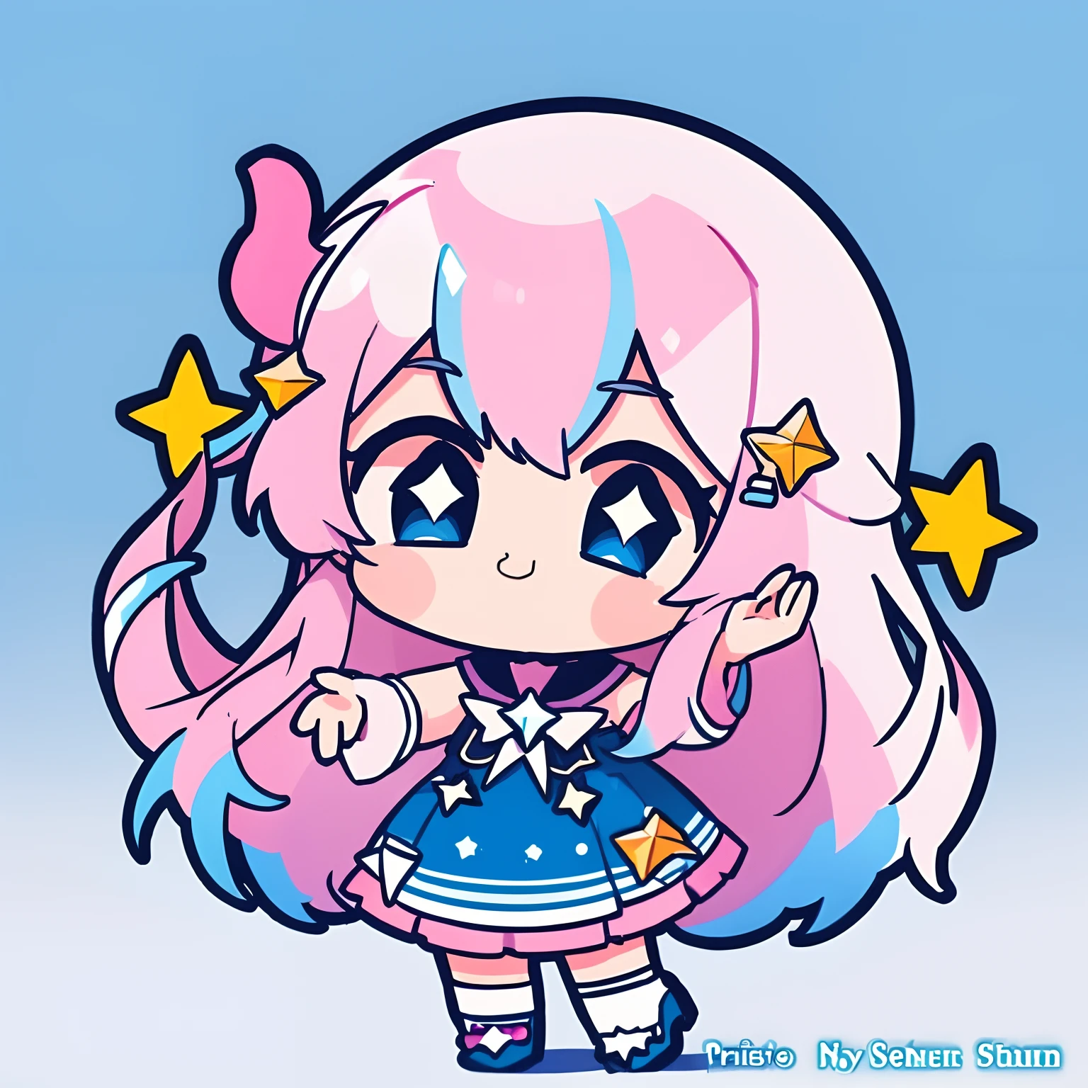 masterpiece, best quality, official art, ultra detailed, chibi, 1girl, pink hair, multicolored hair, long hair, solo, dress, star hair ornament, horns, blue hair, star, bangs, gradient hair, artist name, gradient, smile, closed mouth, full body, white background,