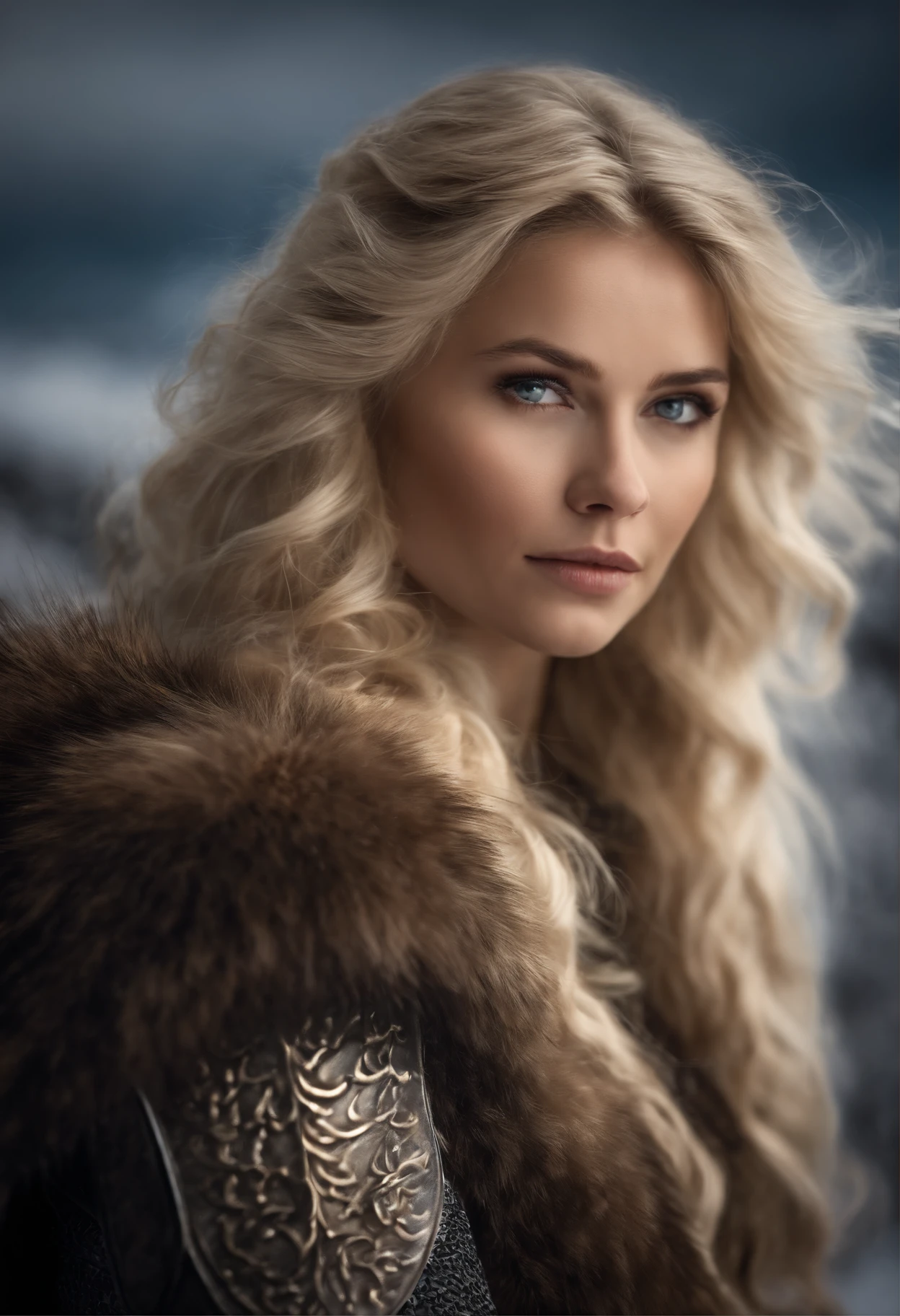 beautiful woman, viking warrior, fur cloak, armor, blonde hair, wavy hair, (closeup, portrait shot), (solo), realistic, depth of field