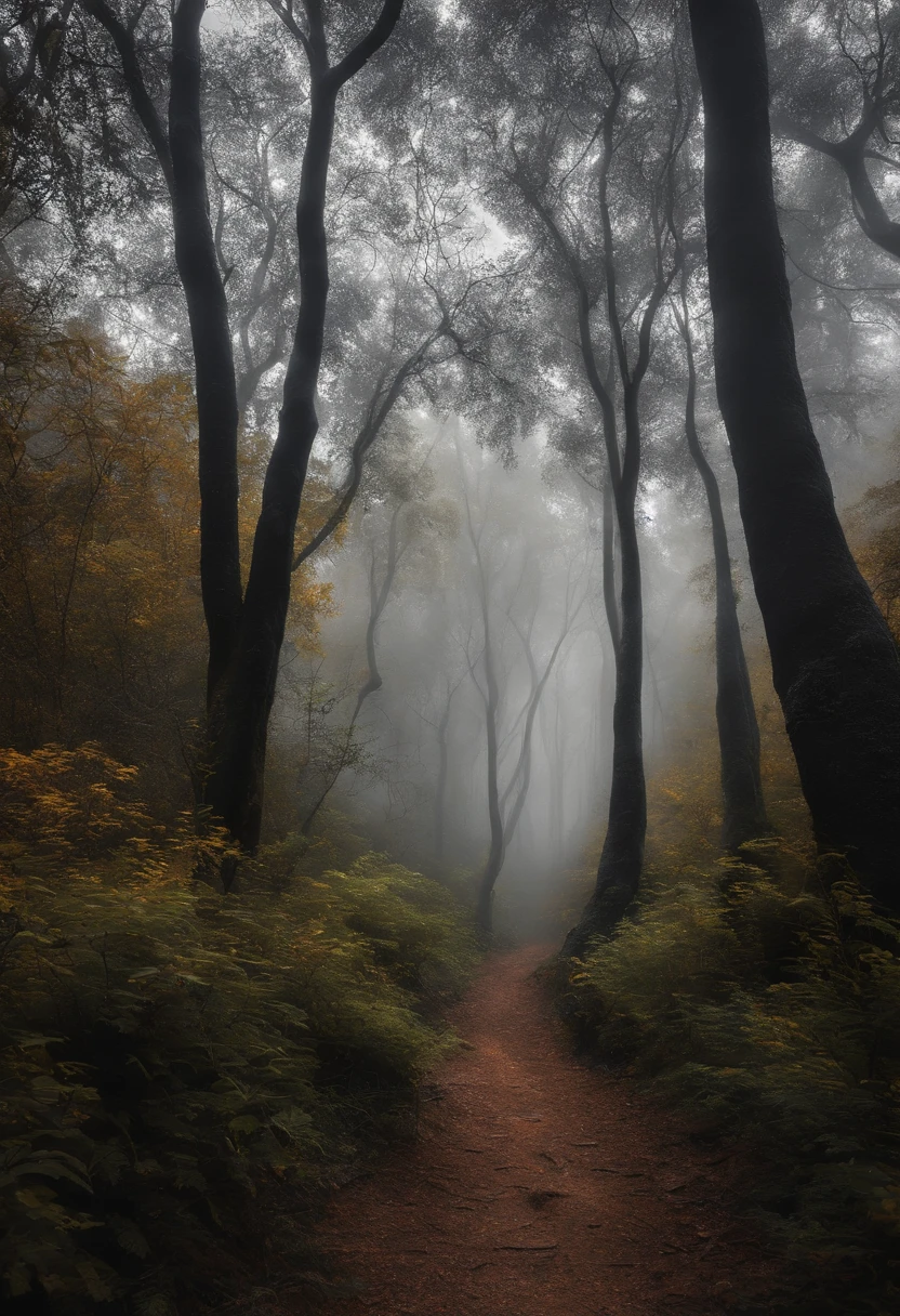 Floresta escura, Filtro preto e branco, ultra qualidade, high saturation, neblina, trees with dry branches, um cavaleiro, andando, back vision, carregando sua espada nas costas.