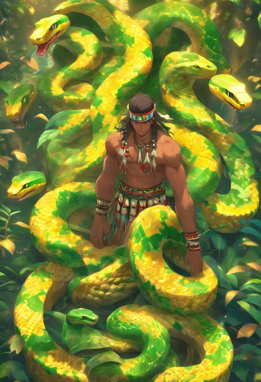 (((snake skin indigenous man))) best quality, very high resolution, 4K detailed CG, masterpiece, woman, snake skin, amazon brazil,indigenous people, indigenous tribes, indigenous city, forest, aesthetics, beautiful image , centered on screen, full body