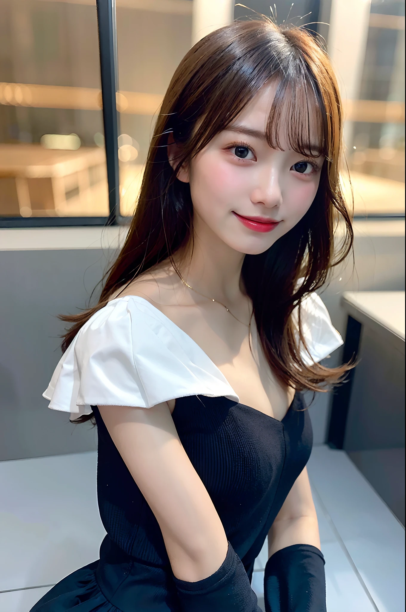 (1 Korean star with royal sister style), ((Best quality, 8K, 巨作: 1.3)), focal point: 1.2, Perfect body proportions: 1.4, (Make a smile), (Sunset: 1.3), Watery eyes, highly detailed face and skin textures, Fine eyes, Double eyelids, Whitens the skin, (length hair, Air bangs: 1.3), (Round face inches: 1.5), (off the shoulder dress: 1.4), (Standing on the roof: 1.6),(white stockings: 1.4),