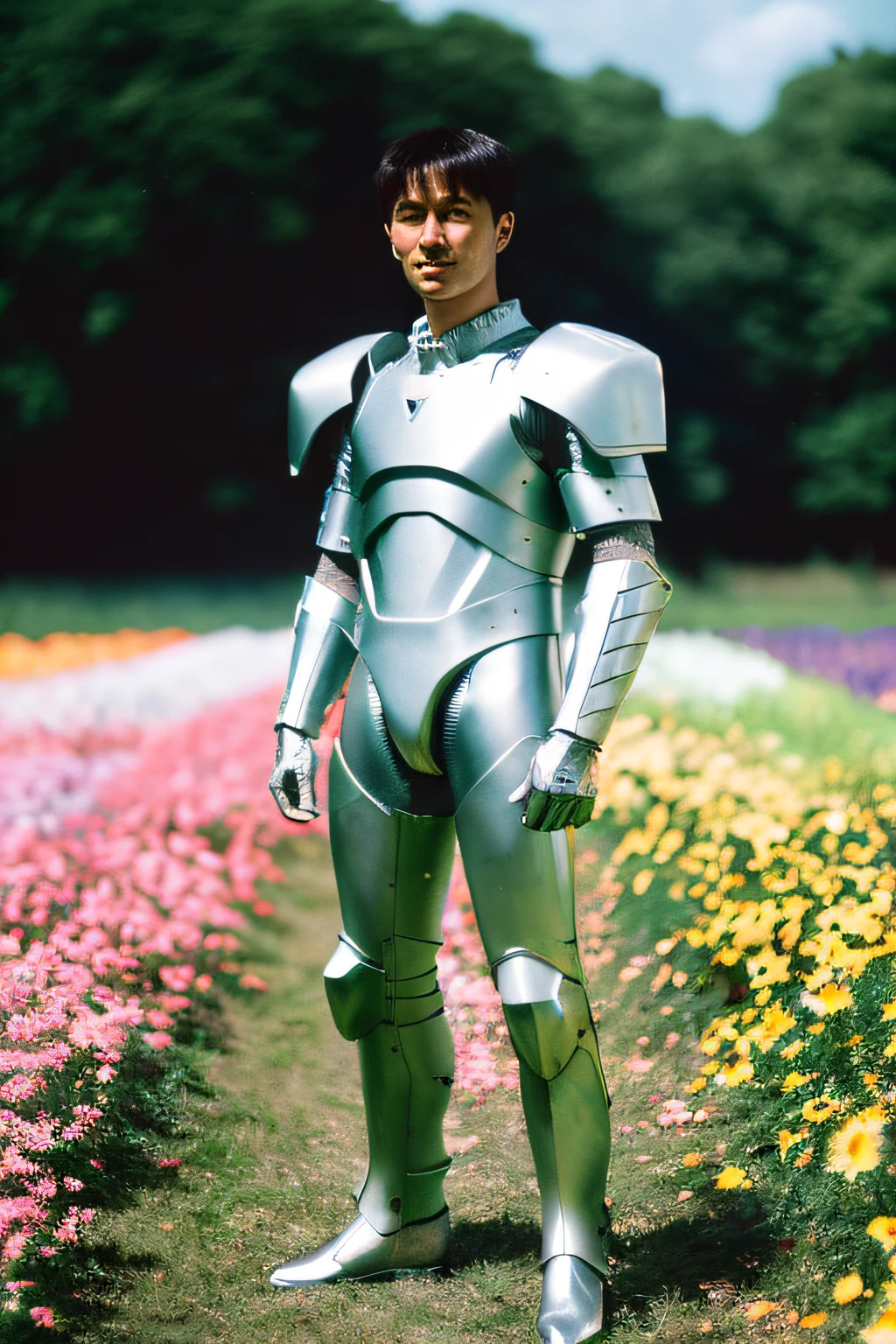 A photograph of flat silver armor made of white titanium and some crystal , RGB LEDs Rainbow Suit , Power suit , gradiente , elegante , para homens , minimalismo moderno , linhas poli baixas , punk core , sonhador , Colorir , distopia , divino , Misterioso , Pose curva , Posando , Po se moda. Happy shinji ikari standing in a beautiful field of flowers, colorful flowers everywhere, perfect lighting, leica summicron 35mm f2.0, kodak portra 400, film grain