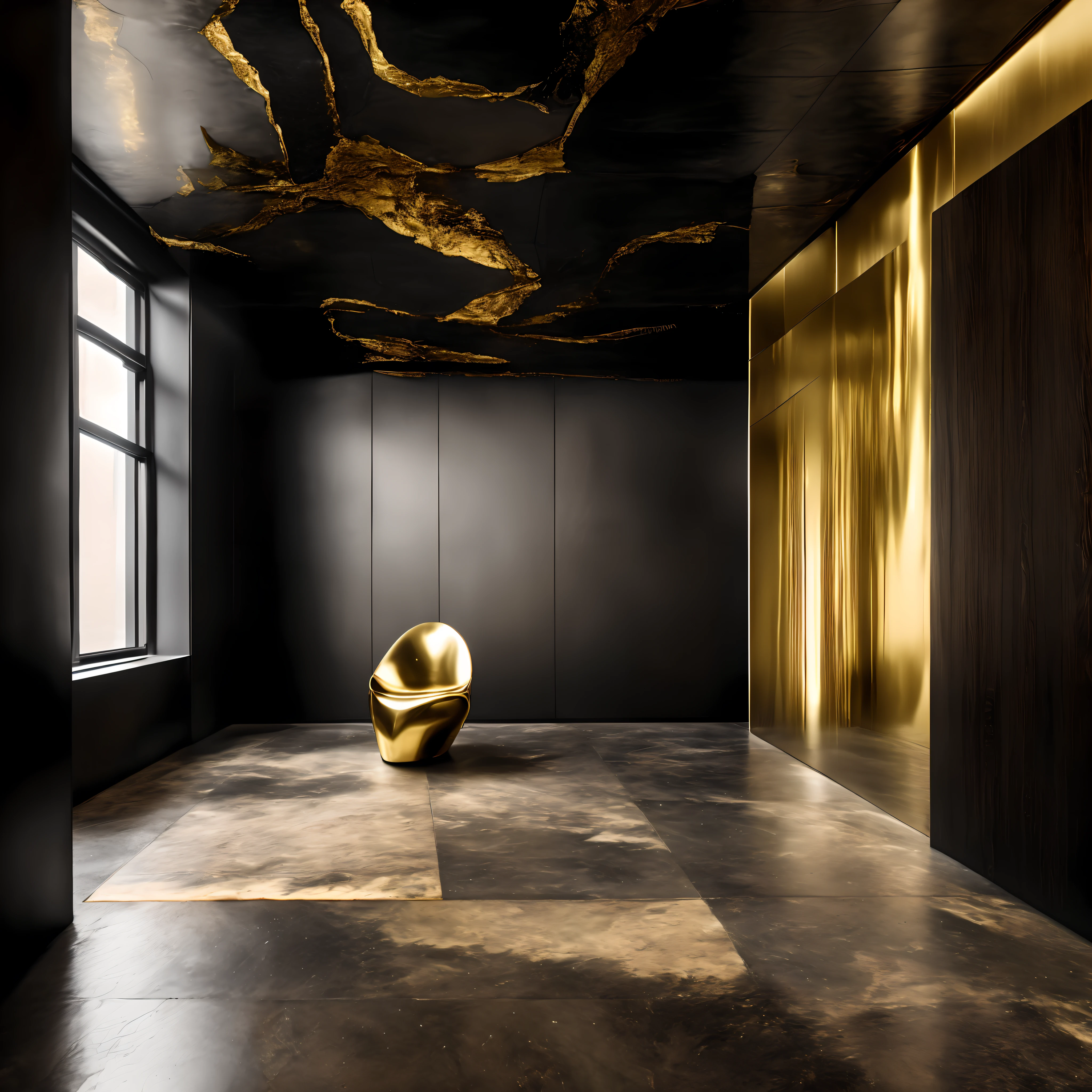 empty room, brushed brass finish on the floor, walls, and ceiling, no divisions, imperfect chair, wabi sabi, irregular shape, chrome details, charred black shou sugi ban wood, wall washers on the side, white monochrome, bright lighting, no windows, no diagonals,