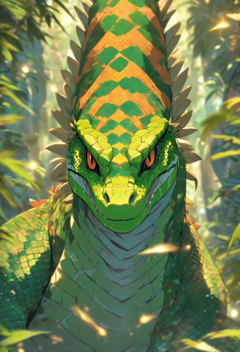 (((reptilian indigenous man))) best quality, very high resolution, detailed CG in 4K, masterpiece, woman, snake skin, amazon brazil, indigenous people, indigenous tribes, indigenous city, forest, aesthetics, beautiful image, centered on screen, full body