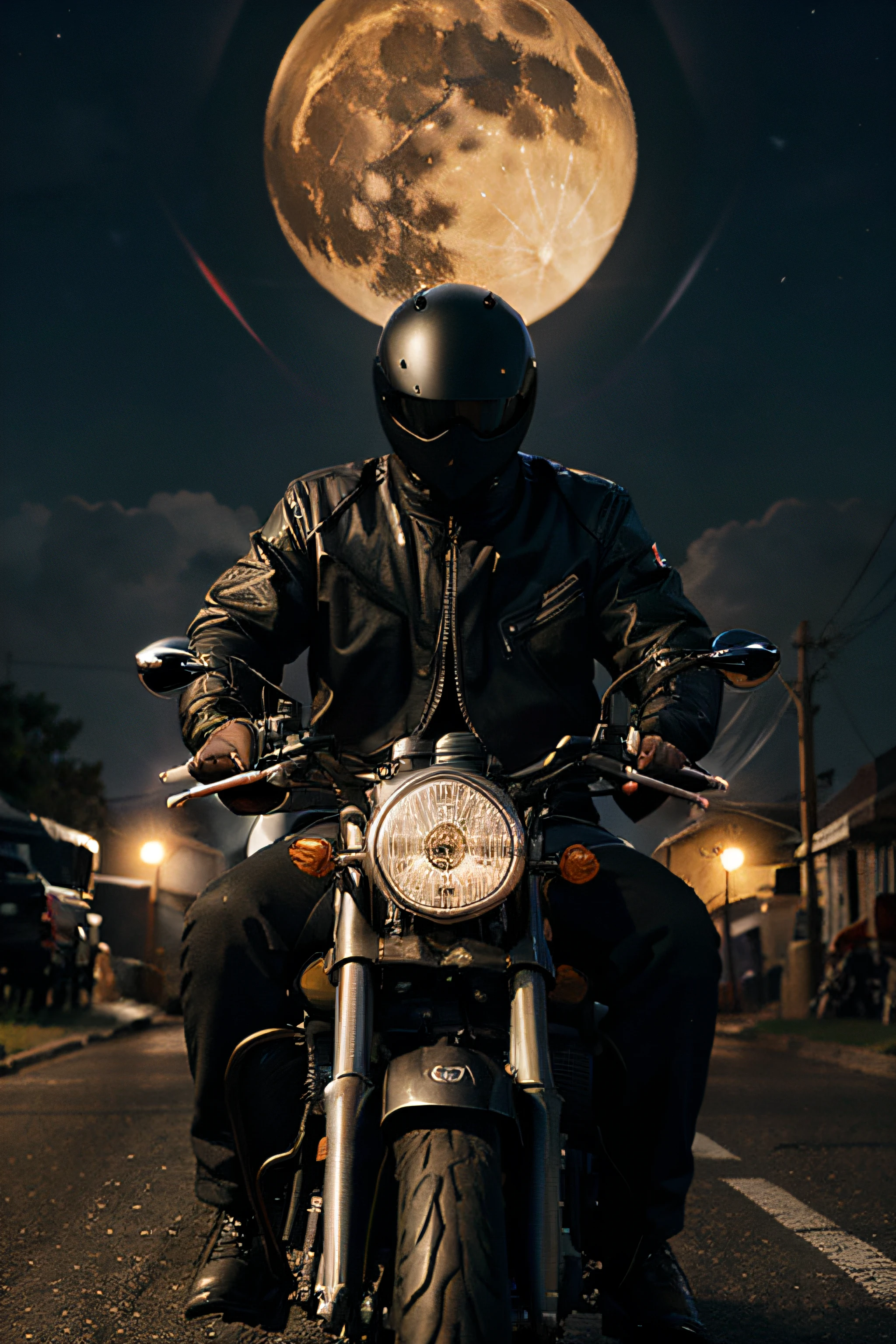 Pixar-type poster of a man in a black jacket with a motorcycle at his side in the middle of the moon