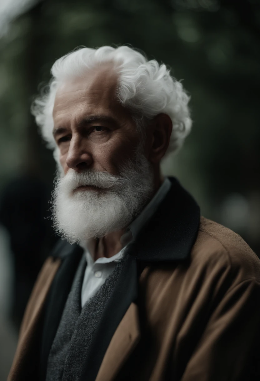 Cinematic portrait , Portrait of a father,Look at the viewer,An elderly man,old man,Single single image,Thin and thin, (80 years:1.1), (shaved pubic hair:1.2), (very short white hair,A little curly:1.5),(Long beard:1.6).Dark coat,Minimalist background, Own composition, detalhe poderoso, Bright light,the soft light。