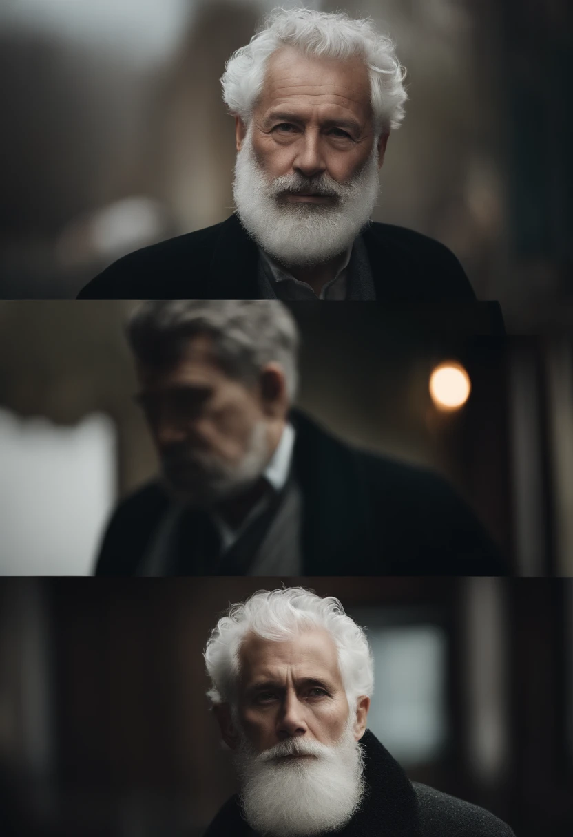 Cinematic portrait , Portrait of a father,Look at the viewer,An elderly man,old man,Single single image,Thin and thin, (80 years:1.1), (shaved pubic hair:1.2), (very short white hair,A little curly:1.5),(Long beard:1.6).Dark coat,Minimalist background, Own composition, detalhe poderoso, Bright light,the soft light。