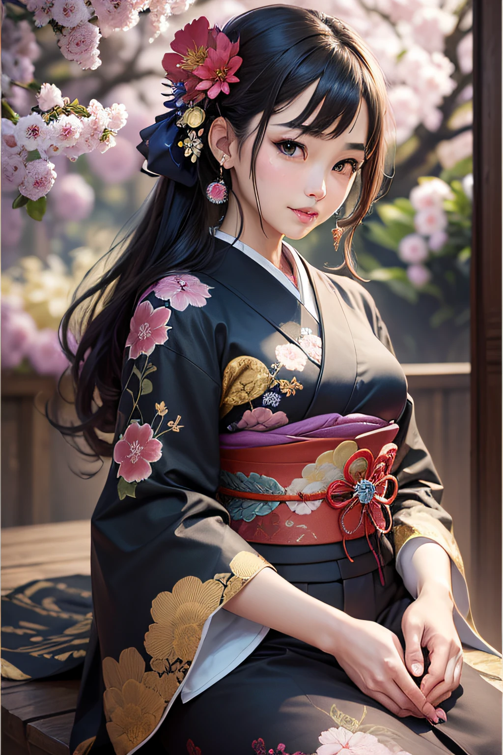 (masterpiece、top-quality、top-quality、Official Art、Beautiful and indulgent:1.2)、(Kimono appearance)、arms behind back、(Upper body only)、(1girl in:1.3)、A Japanese Lady、ighly detailed、colourfull、highestdetailed ((ultra-detailliert))、(Highly detailed 2DCG illustrations)、((extremely delicate and beautiful))、(sitting on)、Qing々Smile、cabelos preto e longos、kanzashi、ear ornament、Bright colored floral kimono、Kajuni Ishikawa、Blur the background a bit