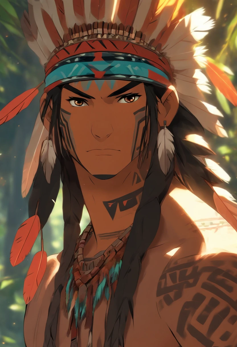 (((indigenous man))) best quality, very high resolution, detailed CG in 4K, masterpiece, white hair, red feathers, amazon brazil, rivers, indigenous people, indigenous tribes, indigenous city, forest, aesthetics, beautiful image, centered on screen, full body