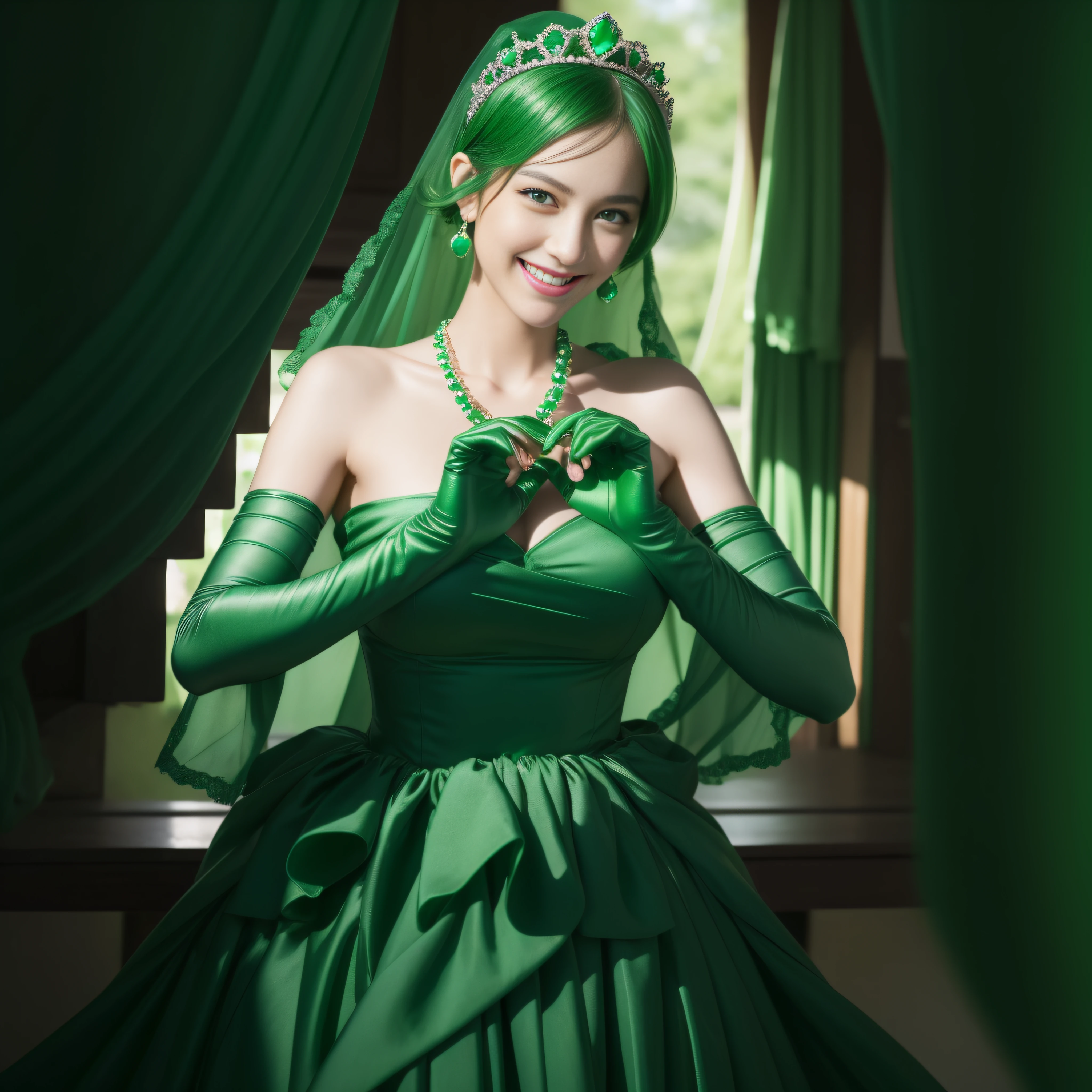 emerald tiara, Green Pearl Necklace, Boyish very short green hair, lipsticks, Japan woman smiling, very short short hair,  big breasts beautiful, Green eyes, Long green gloves made of satin material, Green eyes, Emerald Earrings, green vale, Heart with both hands,Green hair