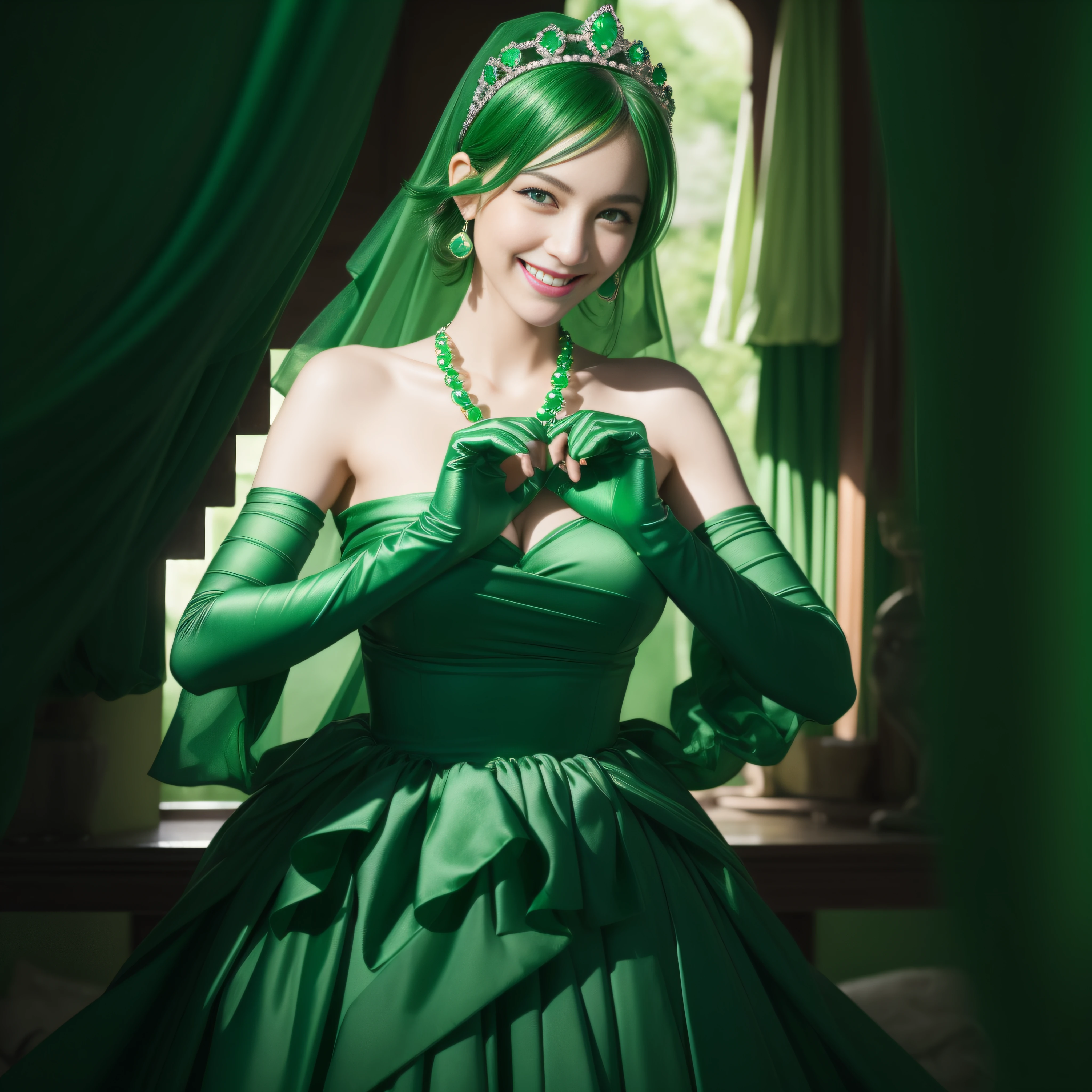 emerald tiara, Green Pearl Necklace, Boyish very short green hair, lipsticks, Japan woman smiling, very short short hair, big breasts beautiful, Green eyes, Long green gloves made of satin material, Green eyes, Emerald Earrings, green vale, Heart with both hands,Green hair