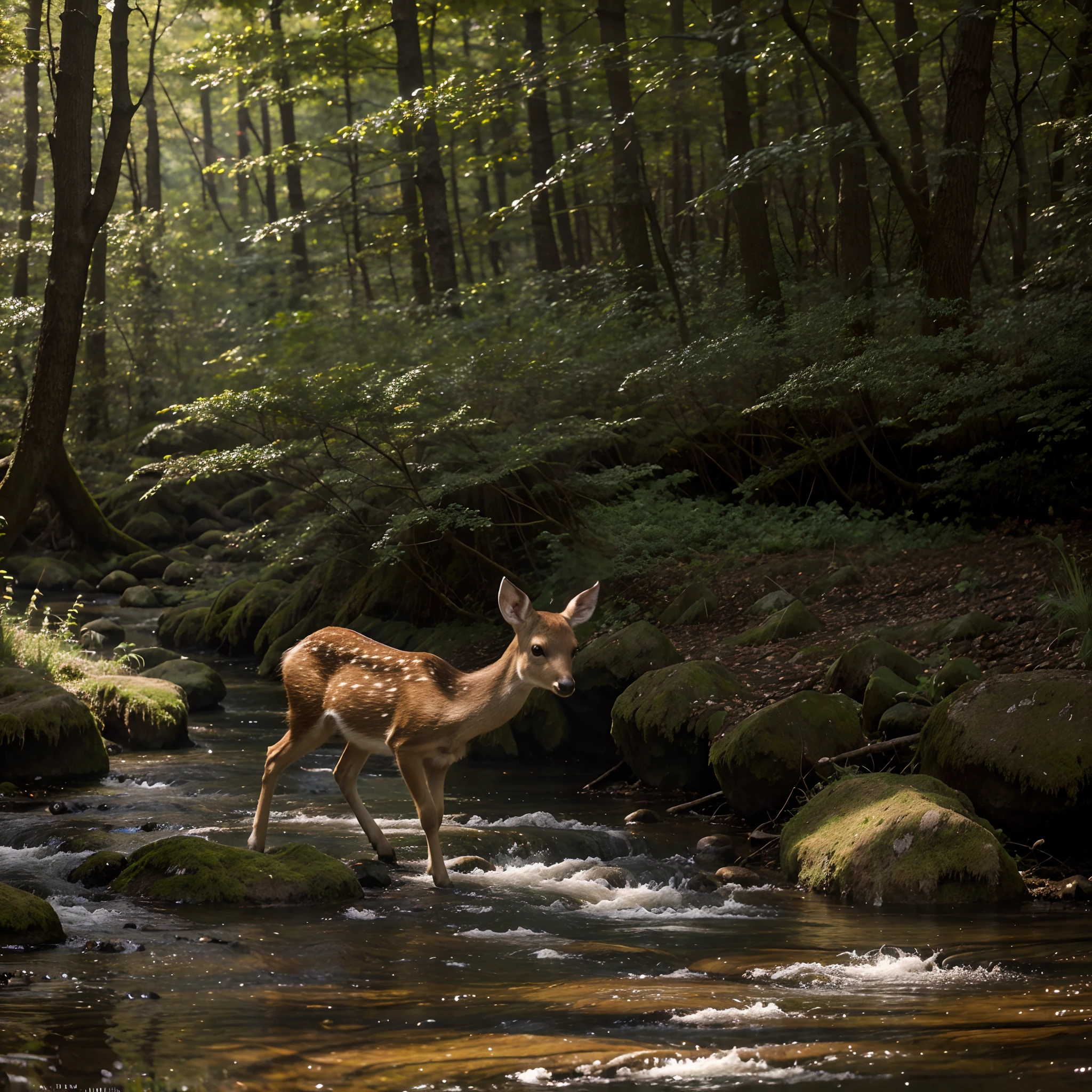 A baby deer playing in a forest stream, realistic photography, professional photography, intricated detailed, ultra HD res