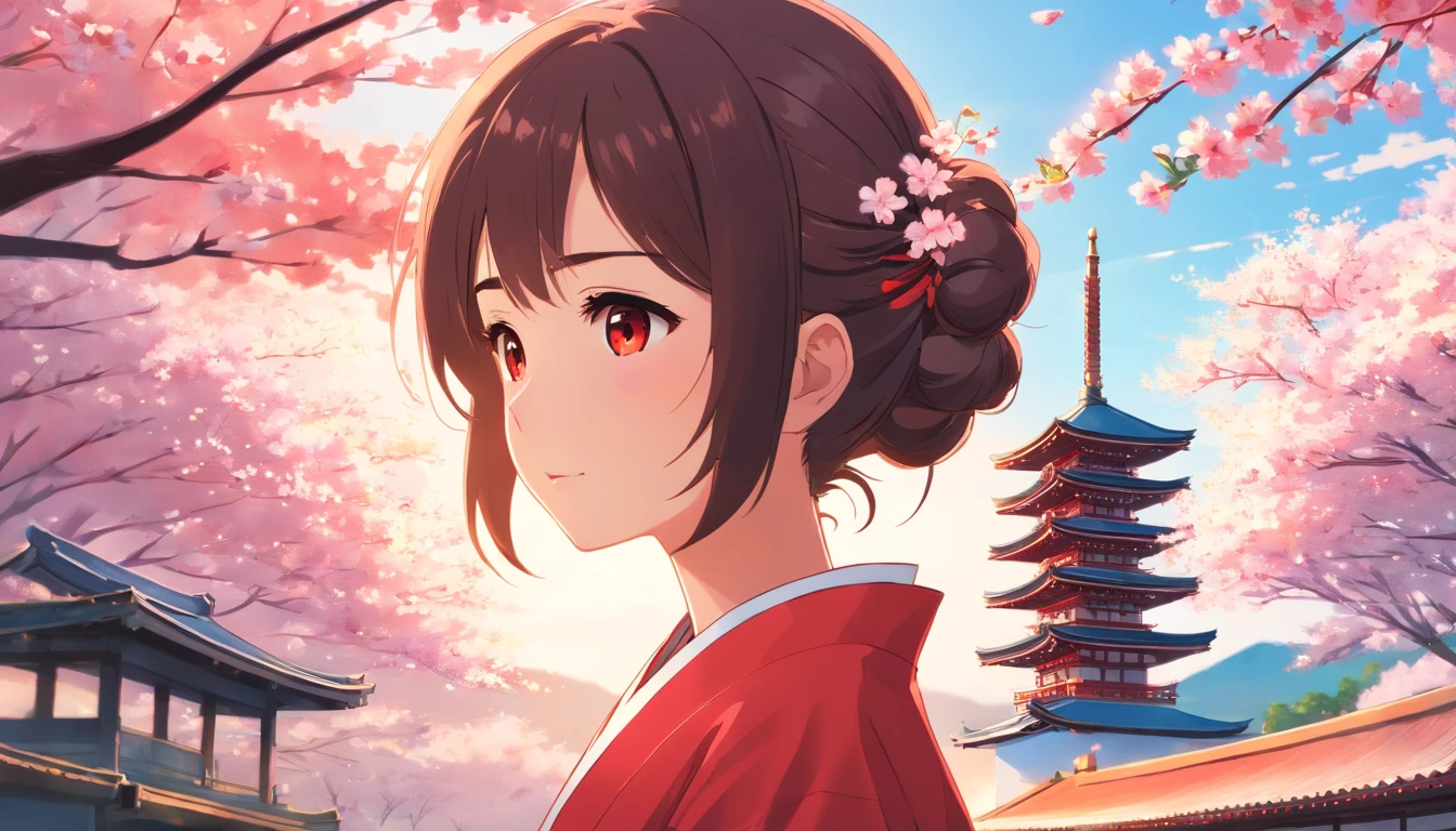 Masterpiece, Best quality, cinematic Film still from, 1 girl, Girl in white and red kimono, Japanese pagoda, Cherry blossom trees, face towards the sky, Bright, cheerfulness, Warm and soft lighting