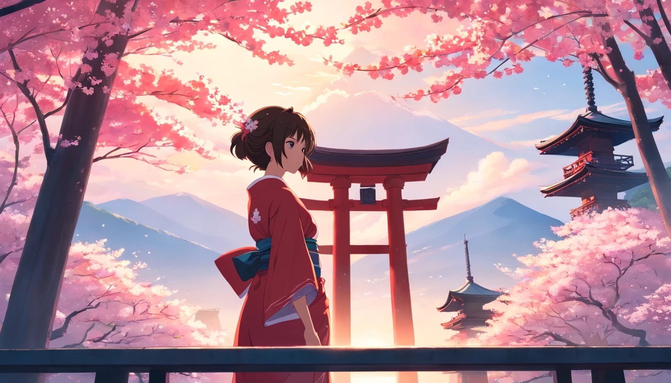Masterpiece, Best quality, cinematic Film still from, 1 girl, Girl in white and red kimono, Japanese pagoda, Cherry blossom trees, face towards the sky, Bright, cheerfulness, Warm and soft lighting