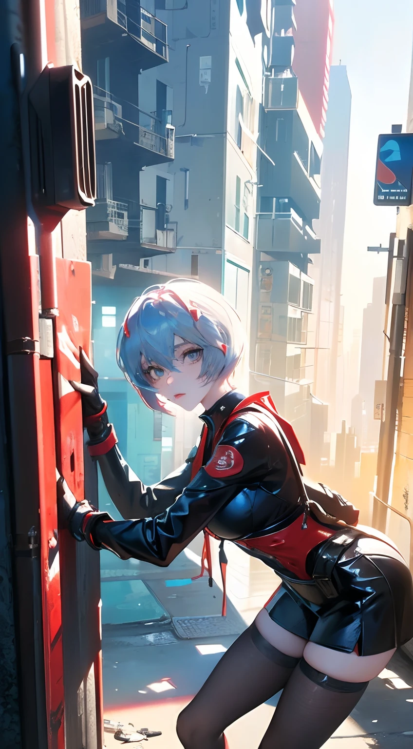(Masterpiece:1.2), (high quality:1.2), (detailed:1.3) 1girl cyberpunk, PUBG looking, red hair, blue eyes, mask, looking at viewer, New York City , cowboy shot, sci-fi,(bent over:1.3),rei ayanami,ayanami rei