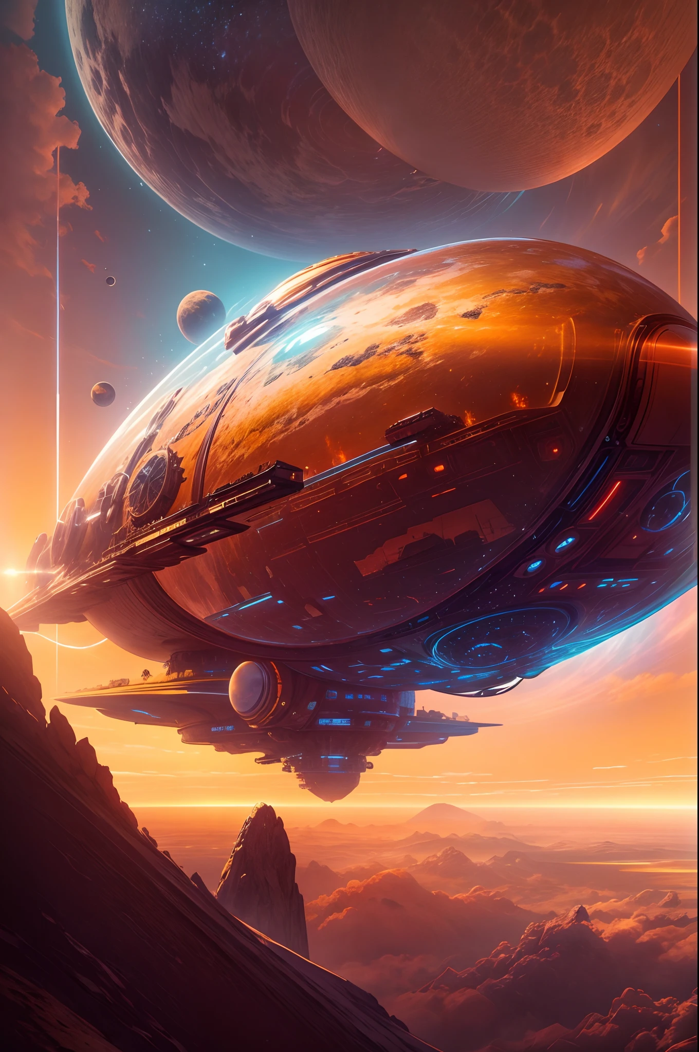 "An epic science fiction depiction showcases a spaceship against the backdrop of a distant planet's horizon. The horizon's mesmerizing beauty is enhanced by the soft glow of the golden hour, making it a perfect subject for an extraordinary work of art.