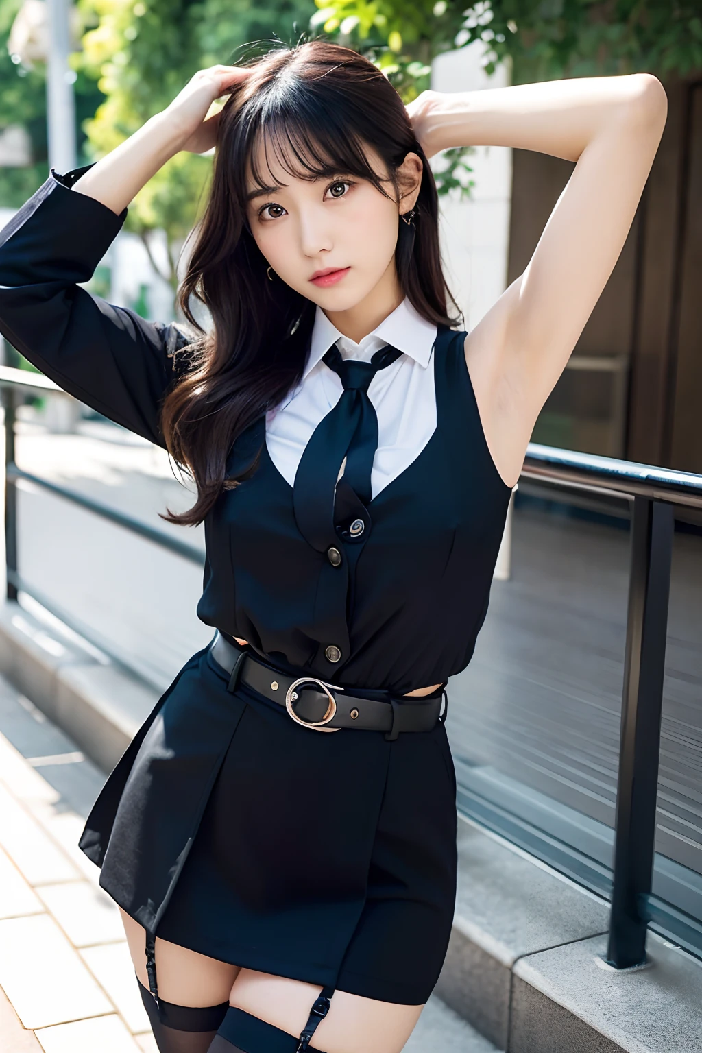 (masutepiece:1.2),High quality,vivd colour,flat-colors,Deep Depth Of Field,Lens Flare,1 girl,Black hair,eyecontact,Suit,Collared shirt,Belt bag,suspenders,Professional,Office Lady,Mature Women,Black mini skirt garterbelts knee high Stockings Black Niso Colorcon armpit sweat perspiring Side of both hands,Black jacket,Gaze,ample bosom,Armpit sweat,Exposing the armpits"Pichi Pichi clothes