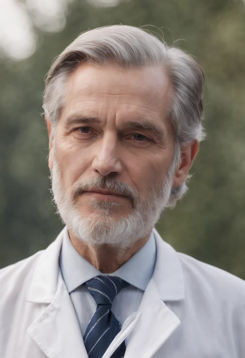 ((1man, gray hair, ((realistic)), ((photorealistic)),((high-res, masterpiece, best quality, cinema lighting)), masterpiece, best quality:1.2), upper body, solo, (masterpiece:1.4),(best quality:1.4),(absurdres:1.4),((masterpiece:1.2, best quality:1.2, best details:1.2, 4k)), a portrait of Dr. Light, older man, big bushy beard, blue white striped tie, lab coat, scientist