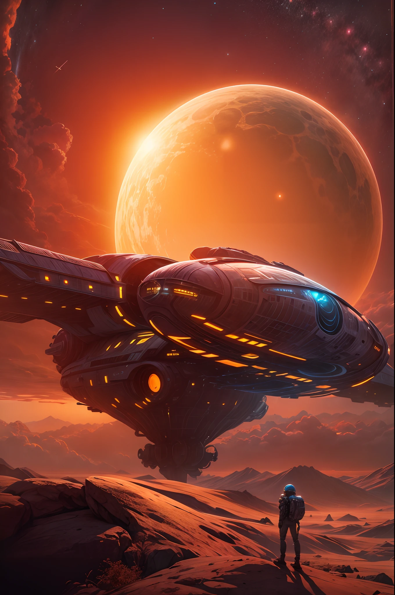 "An epic science fiction depiction showcases a spaceship against the backdrop of a distant planet's horizon. The horizon's mesmerizing beauty is enhanced by the soft glow of the golden hour, making it a perfect subject for an extraordinary work of art.