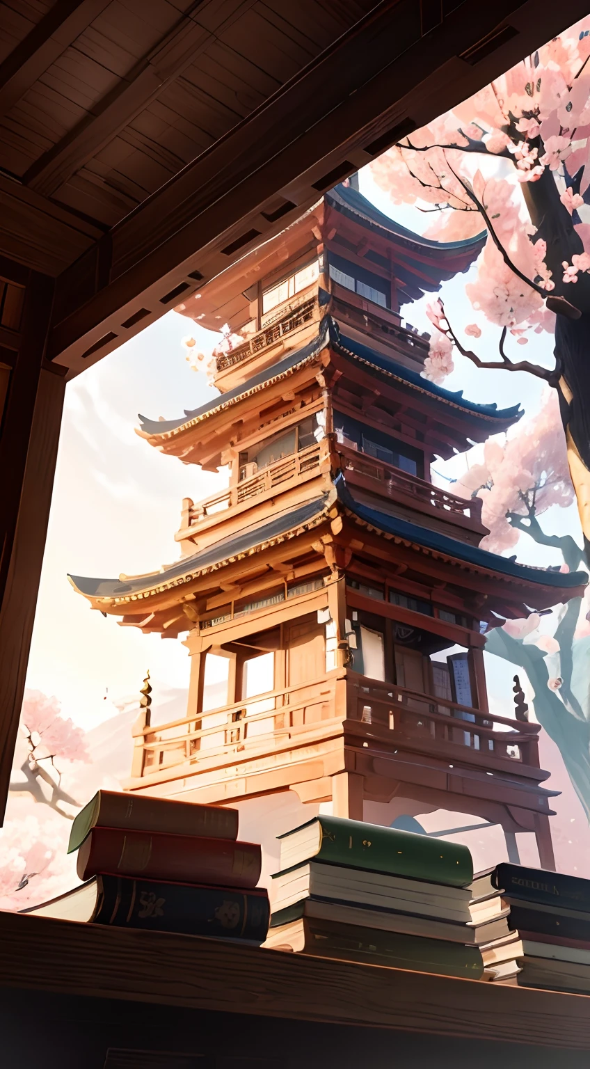 Composition, Illustration, books, scrolls, centered on objects, books and scrolls scattered under a tree shade ((peach blossom)), pagoda in the background, super detailed, intricate, beautiful, elegant, 8k uhd, hyper detailed, high quality, best quality.