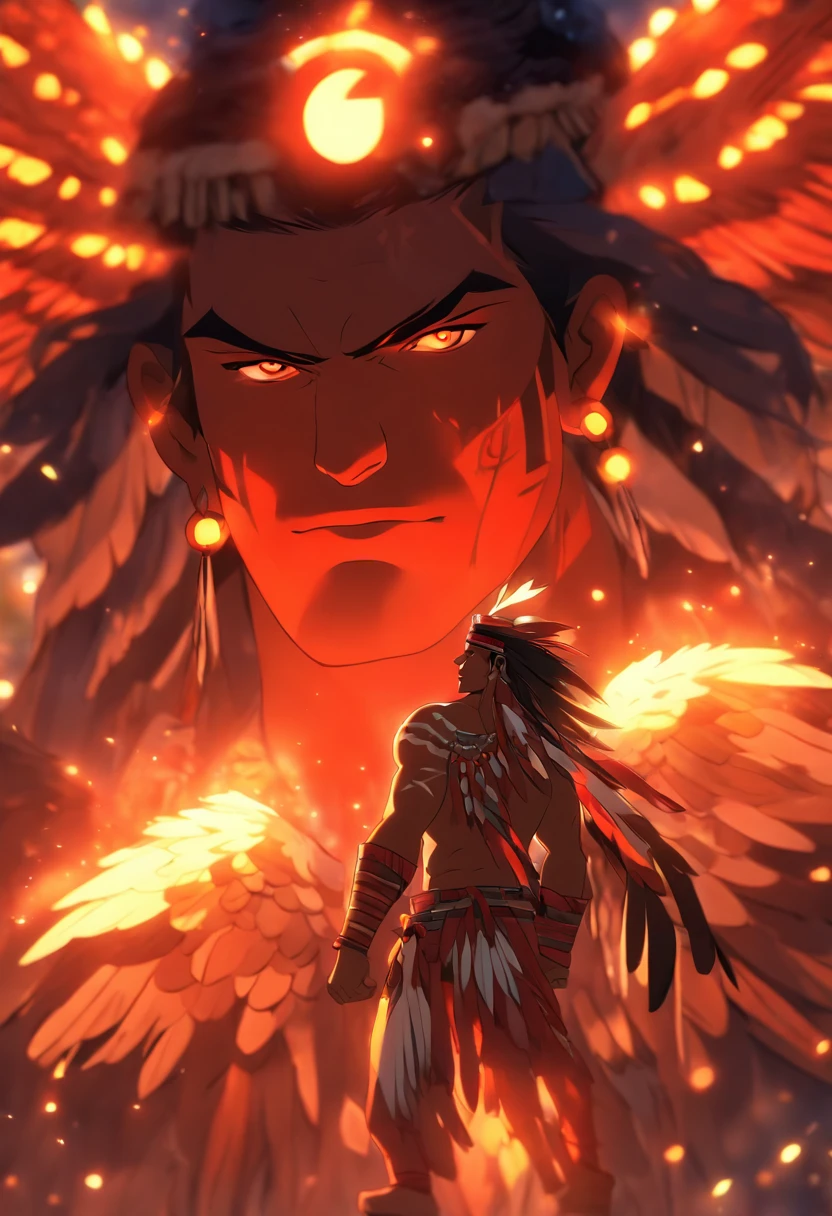 (((indigenous man with wings ))) best quality, very high resolution, detailed CG in 4K, masterpiece, woman, wings, amazon brazil, indigenous people, indigenous tribes, indigenous city, forest, aesthetics, beautiful image, centered on screen, full body