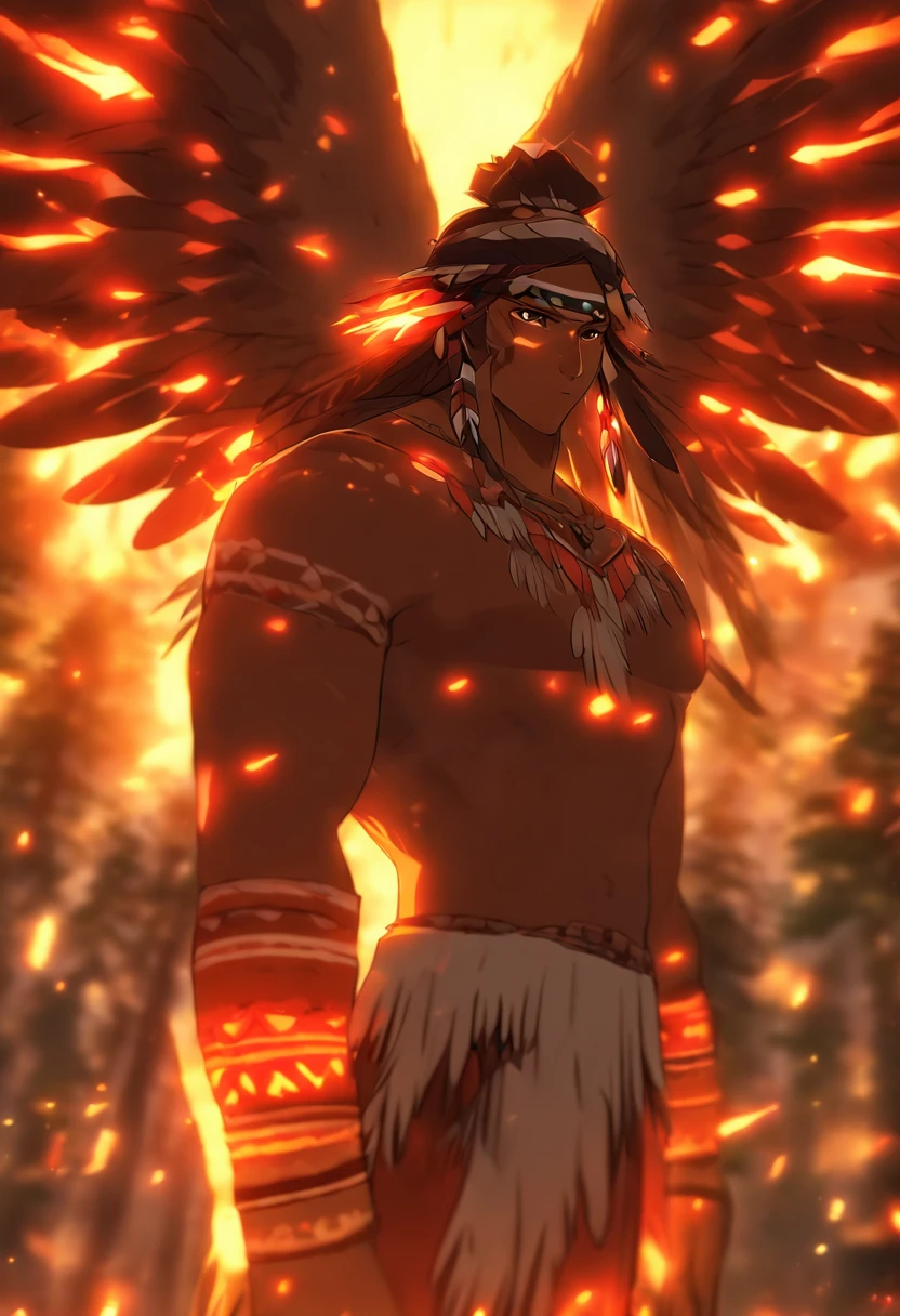 (((indigenous man with wings ))) best quality, very high resolution, detailed CG in 4K, masterpiece, woman, wings, amazon brazil, indigenous people, indigenous tribes, indigenous city, forest, aesthetics, beautiful image, centered on screen, full body