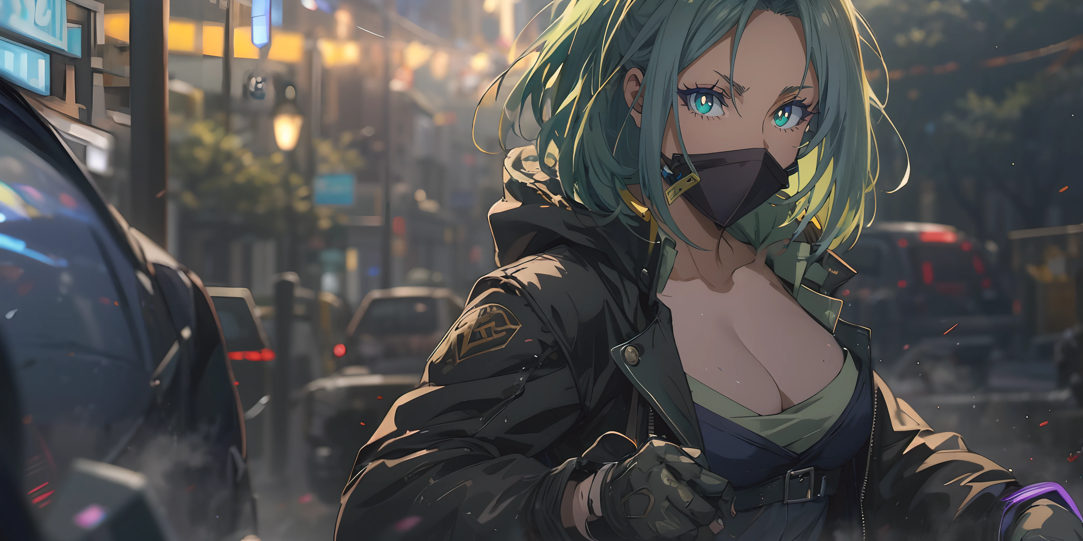 Shion, (medium_hair, green_hair:1.6) green eyes, sweating, glowing eyes, heavy breathing, steaming face, breasts, 1girl, solo, sidelocks, looking_at_viewer, gloves, jacket, ribbon, breasts, covering_mouth, mask, floating_hair, upper_body, glow effects, godrays, Hand drawn, render, 8k, octane render, cinema 4d, blender, dark, atmospheric 4k ultra detailed, cinematic, Sharp focus, big depth of field, Masterpiece, colors, 3d octane render, 4k, concept art, trending on artstation, hyperrealistic, Vivid colors, extremely detailed CG unity 8k wallpaper, trending on CGSociety, Intricate, High Detail, dramatic,