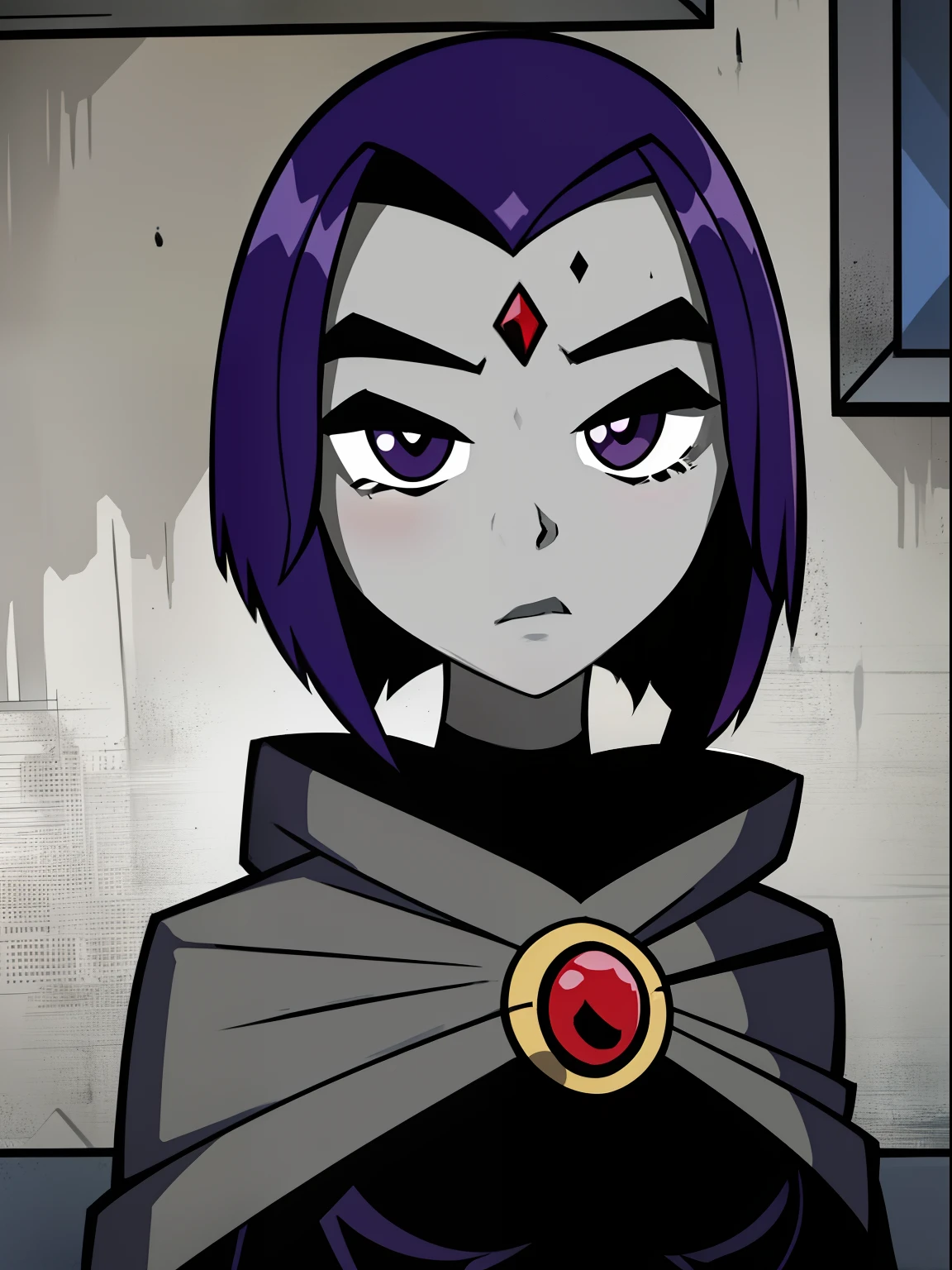 1girl,solo,RavenTT, short hair, purple eyes, red jewel in forehead, (grey skin:1.4)