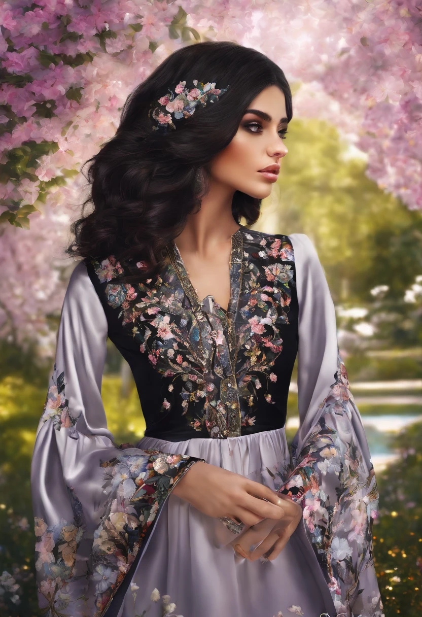 a 22-year-old Turkish Qashqai girl with big black eyes and long black hair, a small black mole above her lip, a colorful Qashqai dress with a misty background and white jasmine flowers and purple trees