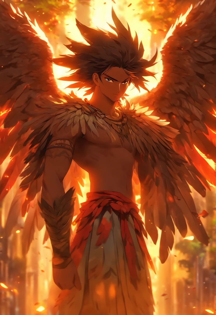 (((man with wings ))) best quality, very high resolution, detailed CG in 4K, masterpiece, woman, wings, amazon brazil, indigenous people, indigenous tribes, indigenous city, forest, aesthetics, beautiful image, centered on the screen , full body