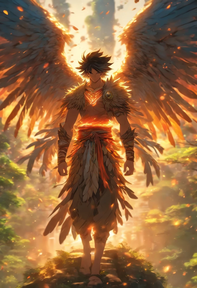 (((man with wings ))) best quality, very high resolution, detailed CG in 4K, masterpiece, woman, wings, amazon brazil, indigenous people, indigenous tribes, indigenous city, forest, aesthetics, beautiful image, centered on the screen , full body