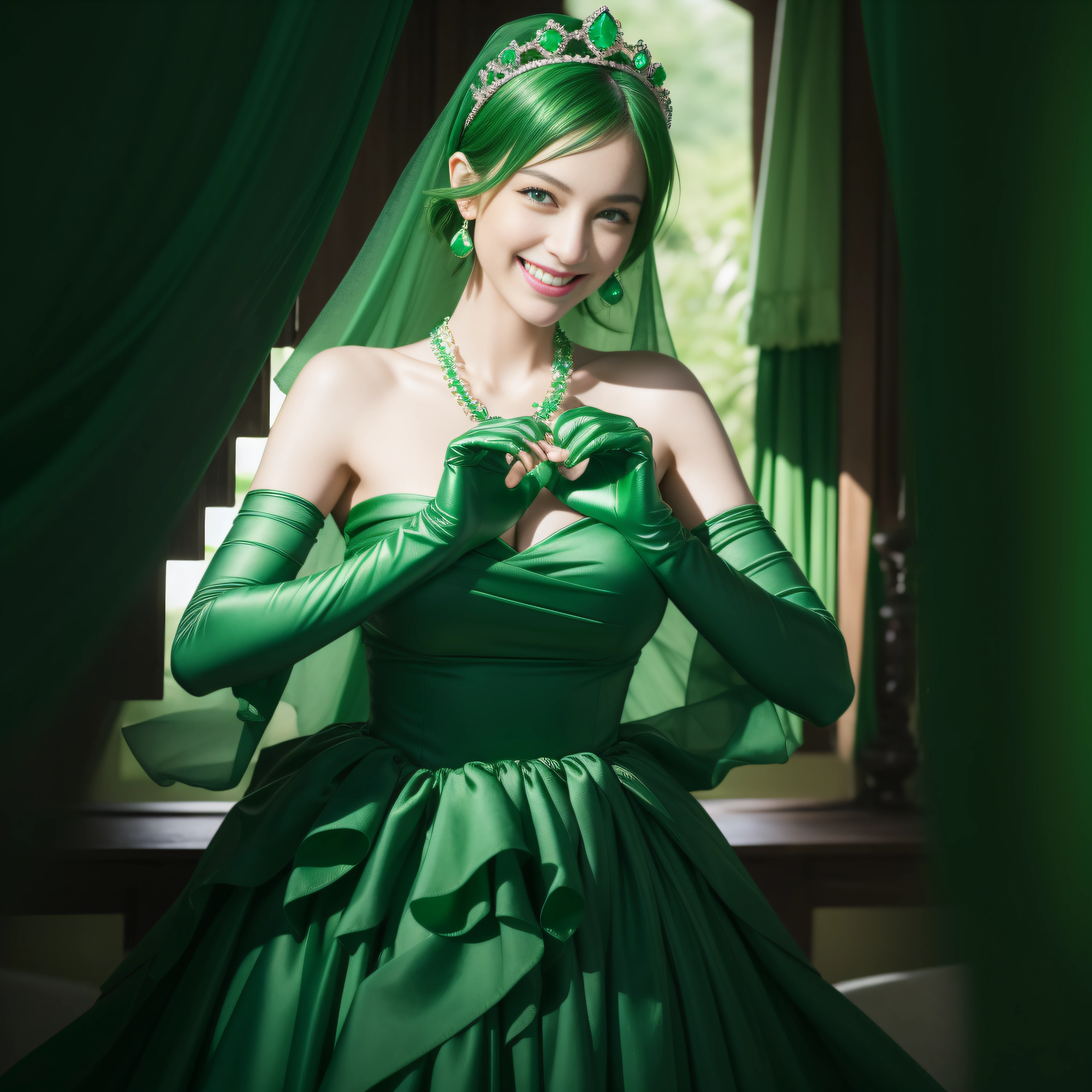 emerald tiara, Green Pearl Necklace, Boyish very short green hair, lipsticks, Japan woman smiling, very short short hair, big breasts beautiful, Green eyes, Long green gloves made of satin material, Green eyes, Emerald Earrings, green vale, Heart with both hands,Green hair