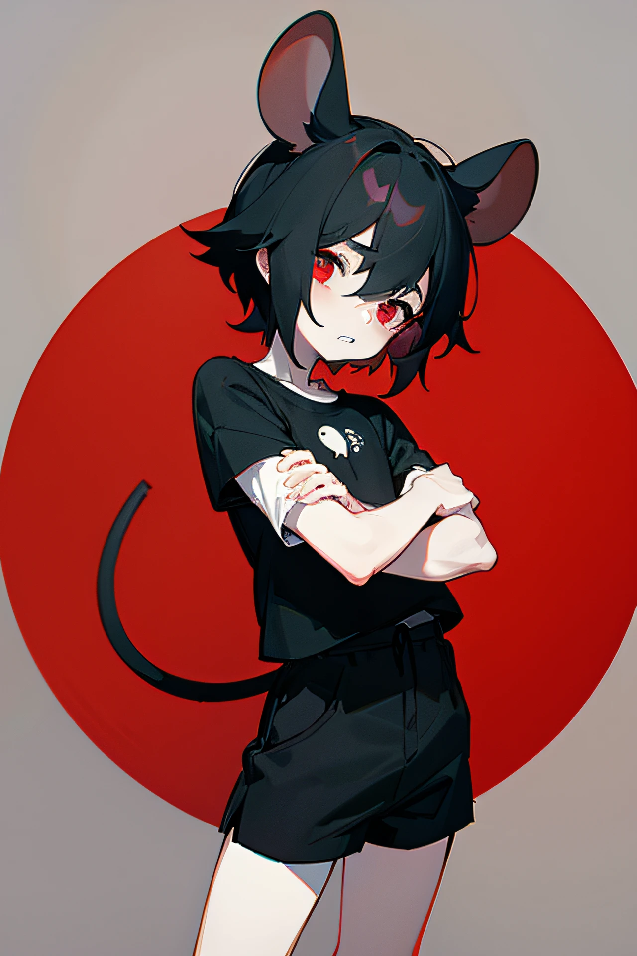 little boy, round circular mouse ears, mouse tail, pale skin, buck teeth, cute, black shirt, nervous, black hair, shy, sfw, black hair, grey shorts, ragged clothing, red eyes, boyish, cozy background, cozy, mousehole, chibi