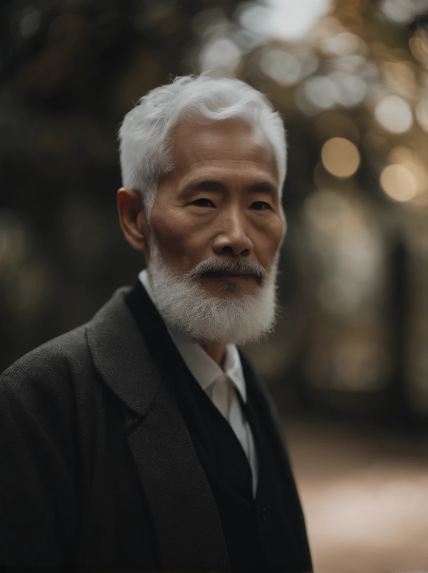 Cinematic portrait , Portrait of a father,Look at the viewer,An elderly Asian man,old man,One guy,Thin and thin, (80 years:1.1), (shaved pubic hair:1.2), (very short white hair,A little curly:1.5),(Long beard:1.6).Dark coat,Minimalist background, Own composition, detalhe poderoso, Autumn background,the soft light, hasselblatt, RAW style