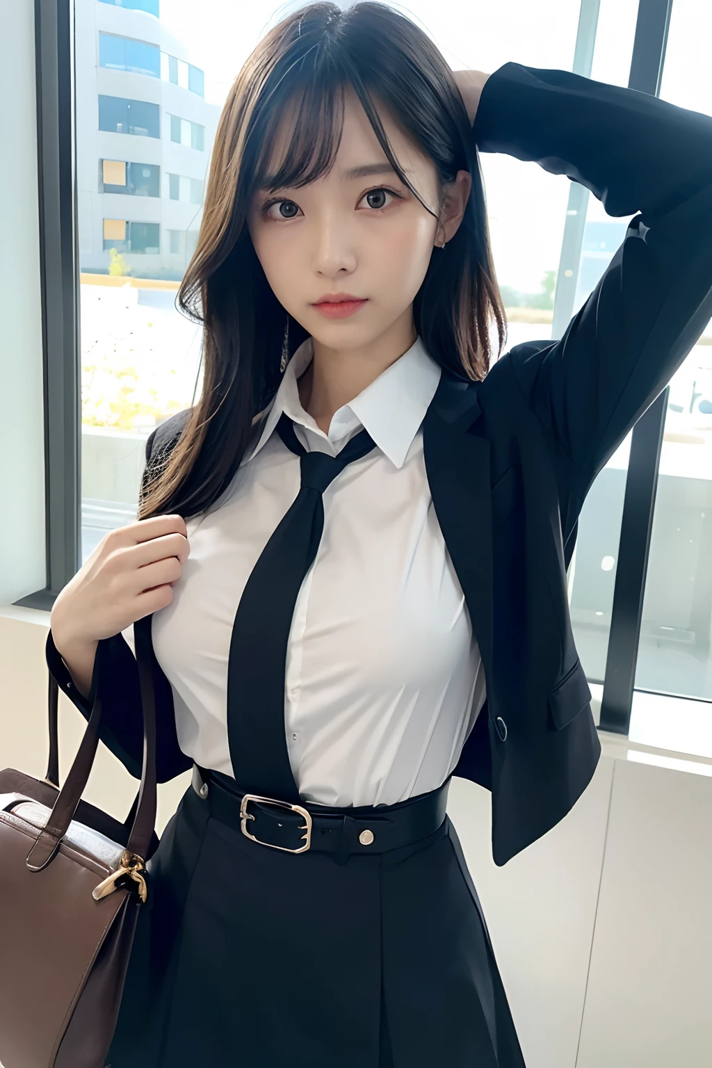 (masutepiece:1.2),High quality,vivd colour,flat-colors,Deep Depth Of Field,Lens Flare,1 girl,Black hair,eyecontact,Suit,Collared shirt,Belt bag,suspenders,Professional,Office Lady,Mature Women,Black mini skirt　garterbelts　knee high　Stockings　Black Niso　Colorcon armpit sweat　perspiring　Side of both hands,Black jacket,Gaze,ample bosom,Armpit sweat,Exposing the armpits"Pichi Pichi clothes