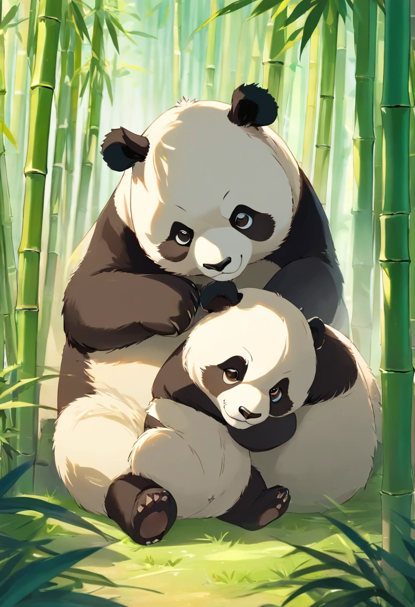 ４ＫTwo cute furry panda cubs in a realistic roll playfully in a sunny bamboo glade, Warm light passes through the leaves. Detailed fur texture, Quiet natural mood, Gentle lighting. Traditional watercolor style. ●AR4:5 - s 400 - 虹5